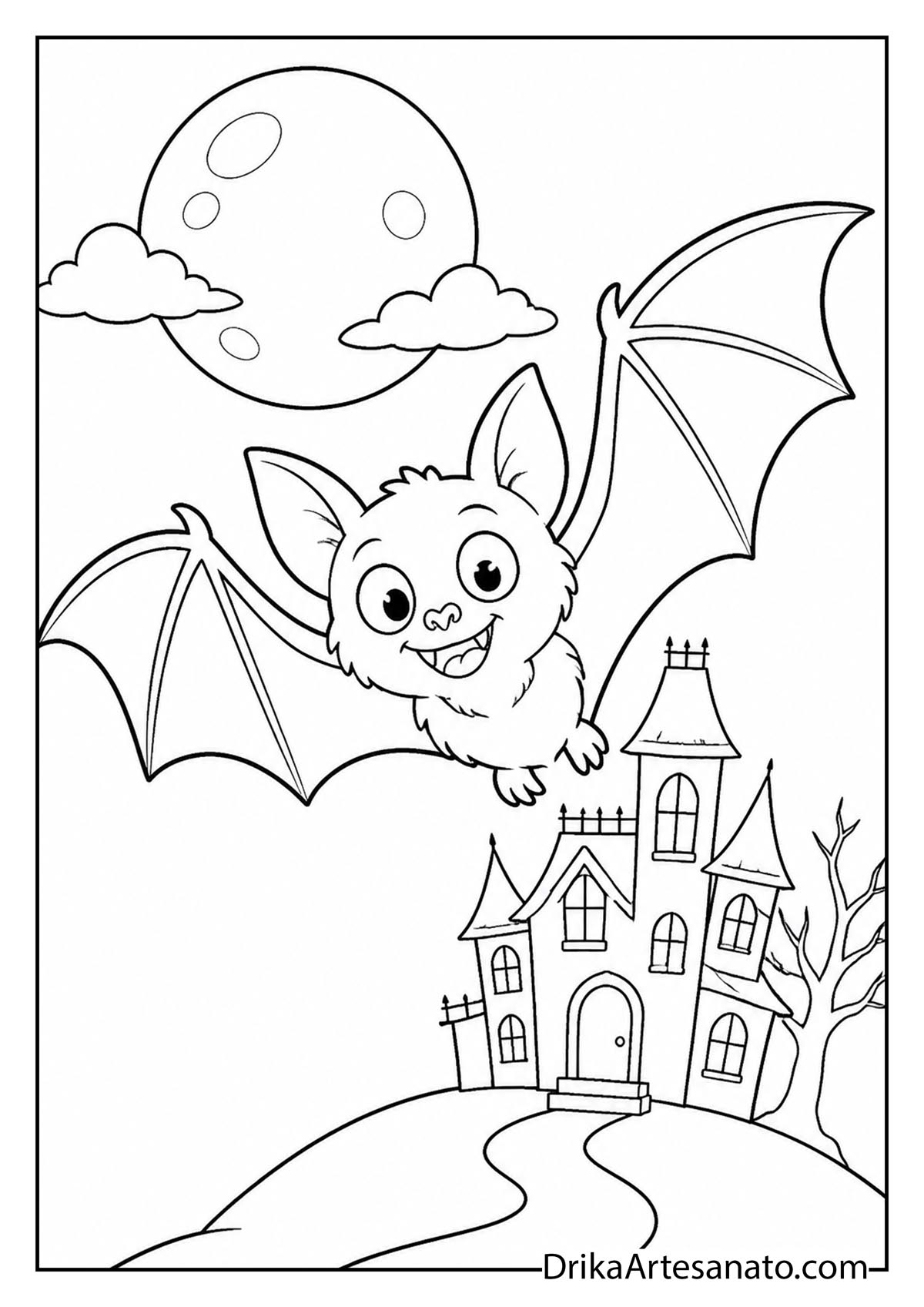Cartoon bat flying near a spooky haunted house and moon coloring page