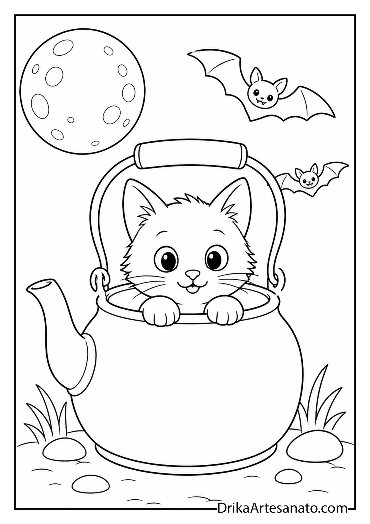 Kitten sitting inside a garden teapot kettle with bats and full moon coloring printable