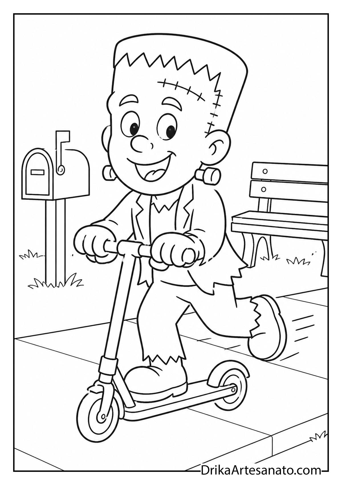 Cute Frankenstein monster riding a scooter on a sidewalk coloring printable
