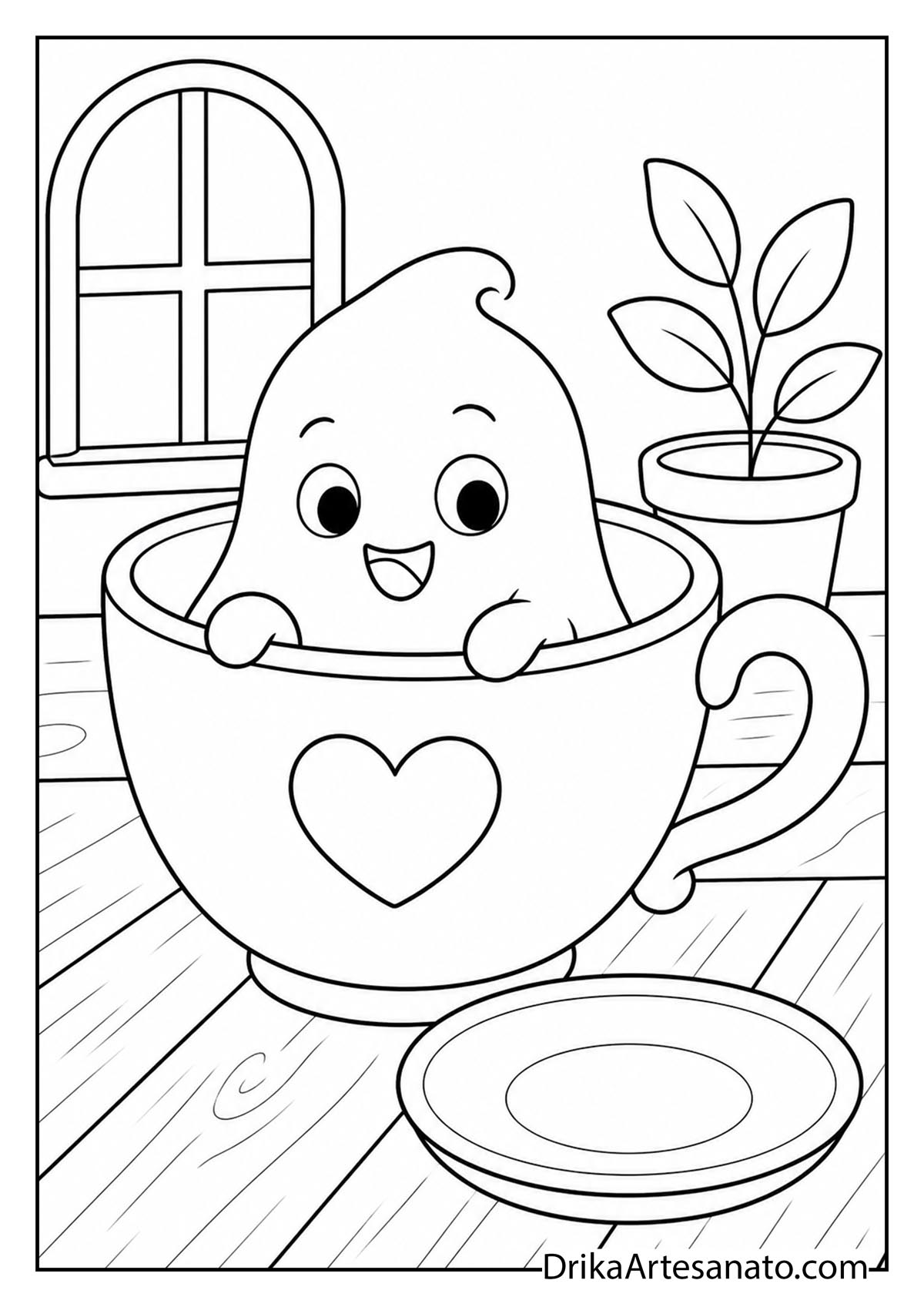Adorable little ghost sitting inside a teacup with a heart printable coloring sheet