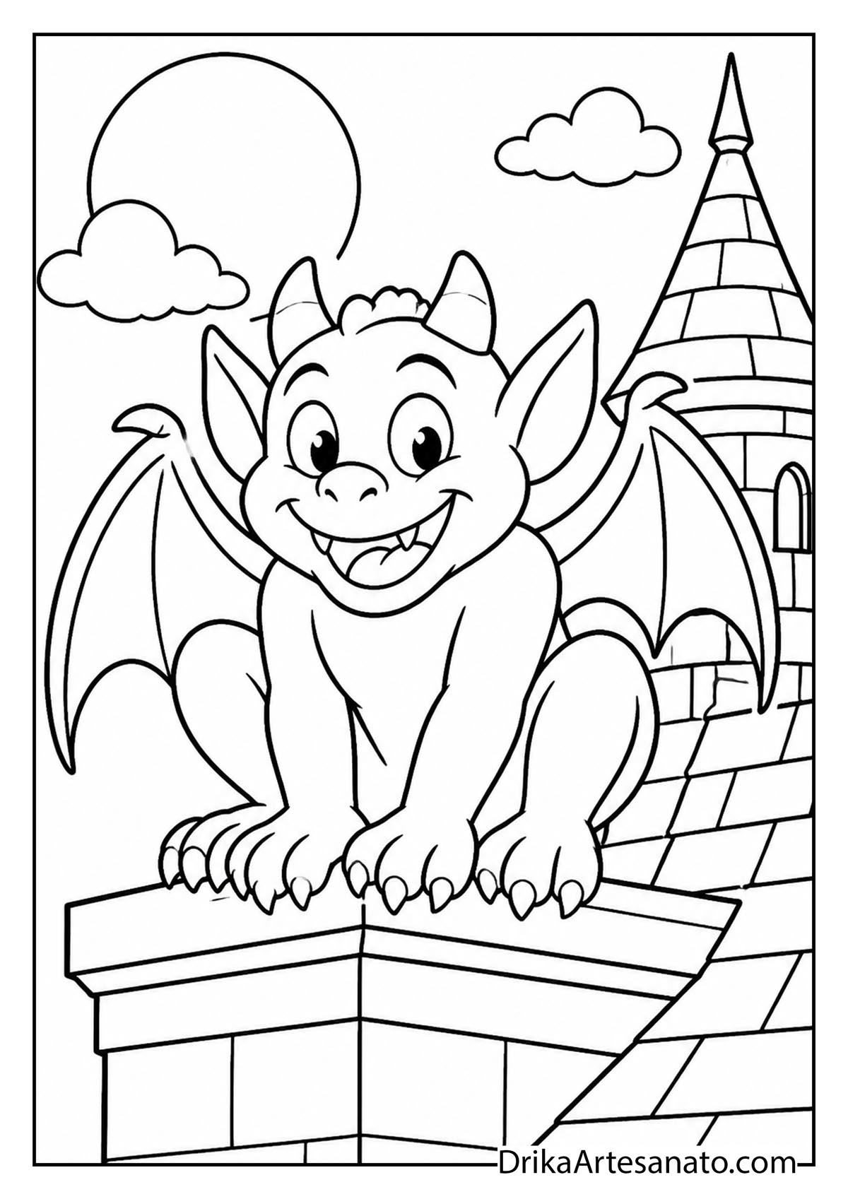Cute cartoon gargoyle sitting on a castle roof ledge under full moon coloring page