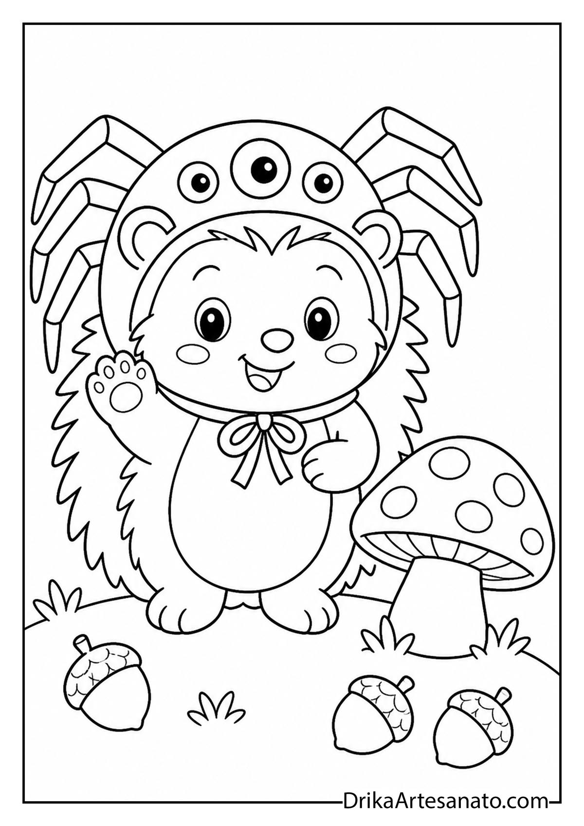 Cute hedgehog in a spider costume standing next to a mushroom coloring page