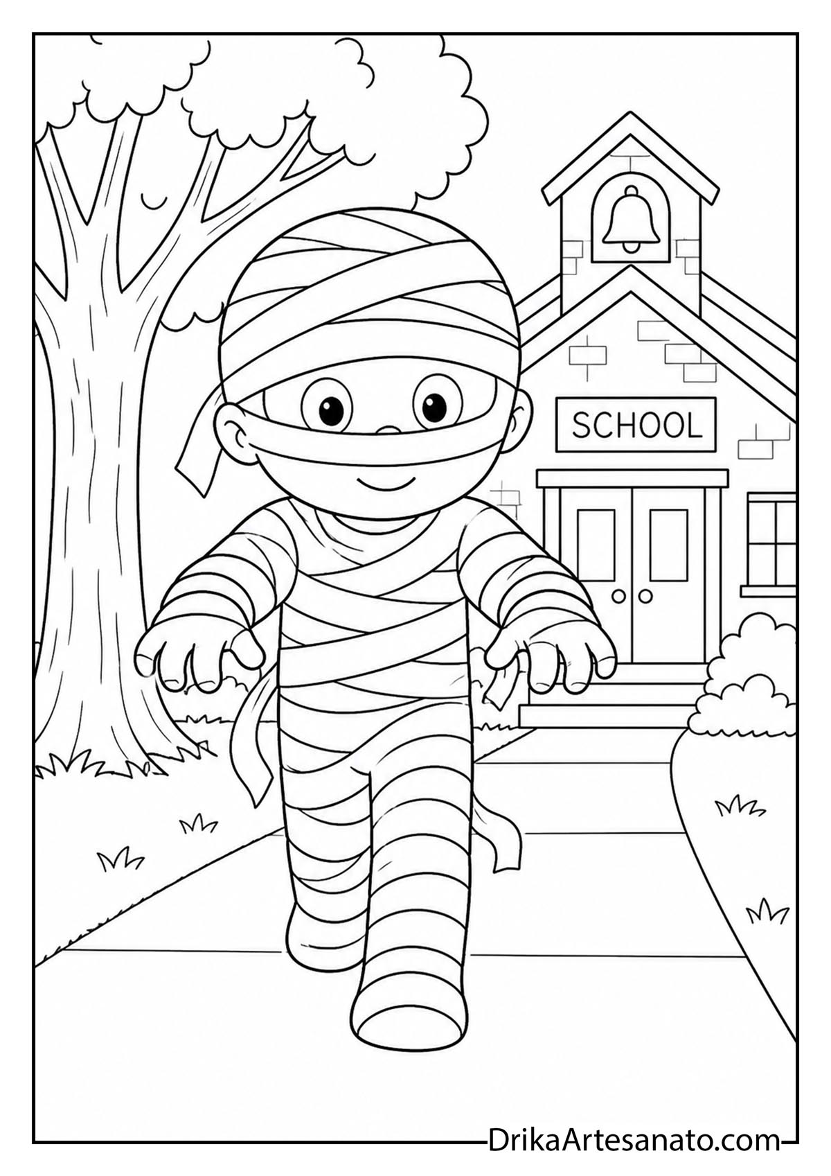 Child wrapped in mummy costume walking outside school coloring page