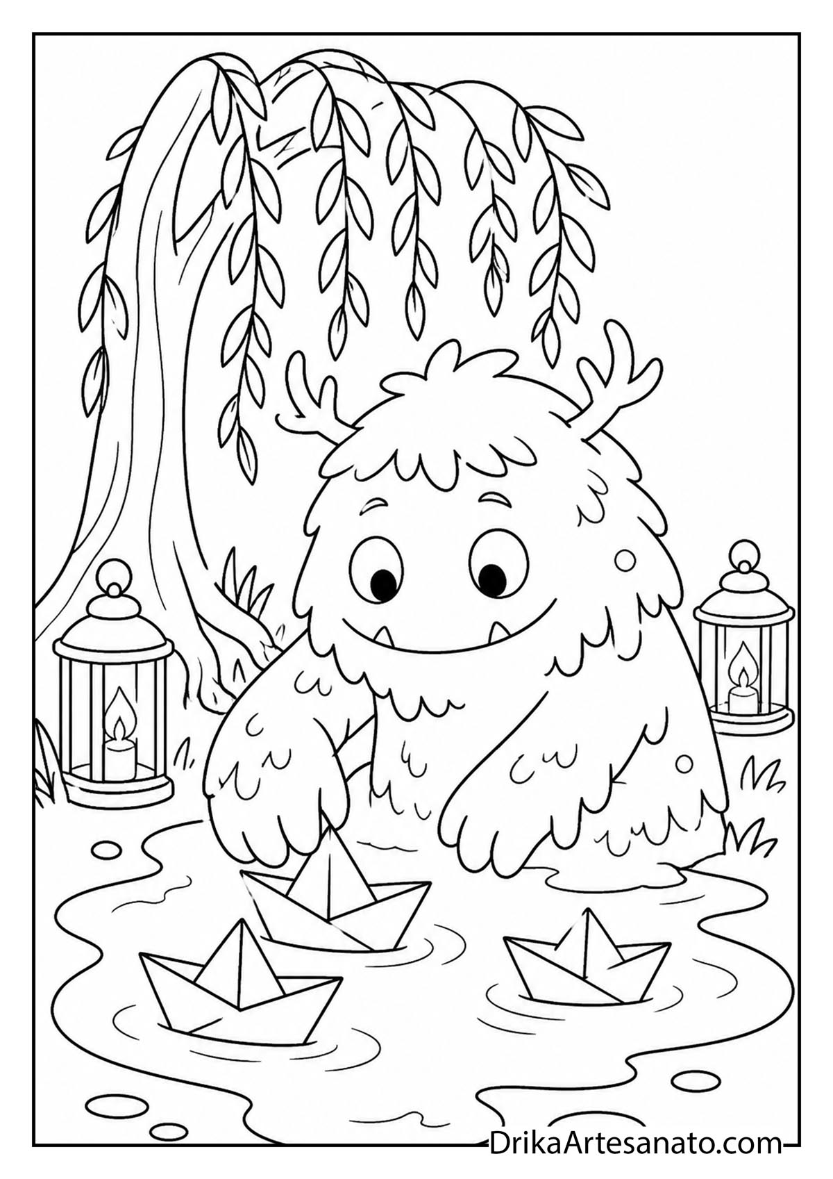 Cute horned monster playing with paper boats in a pond line art coloring page
