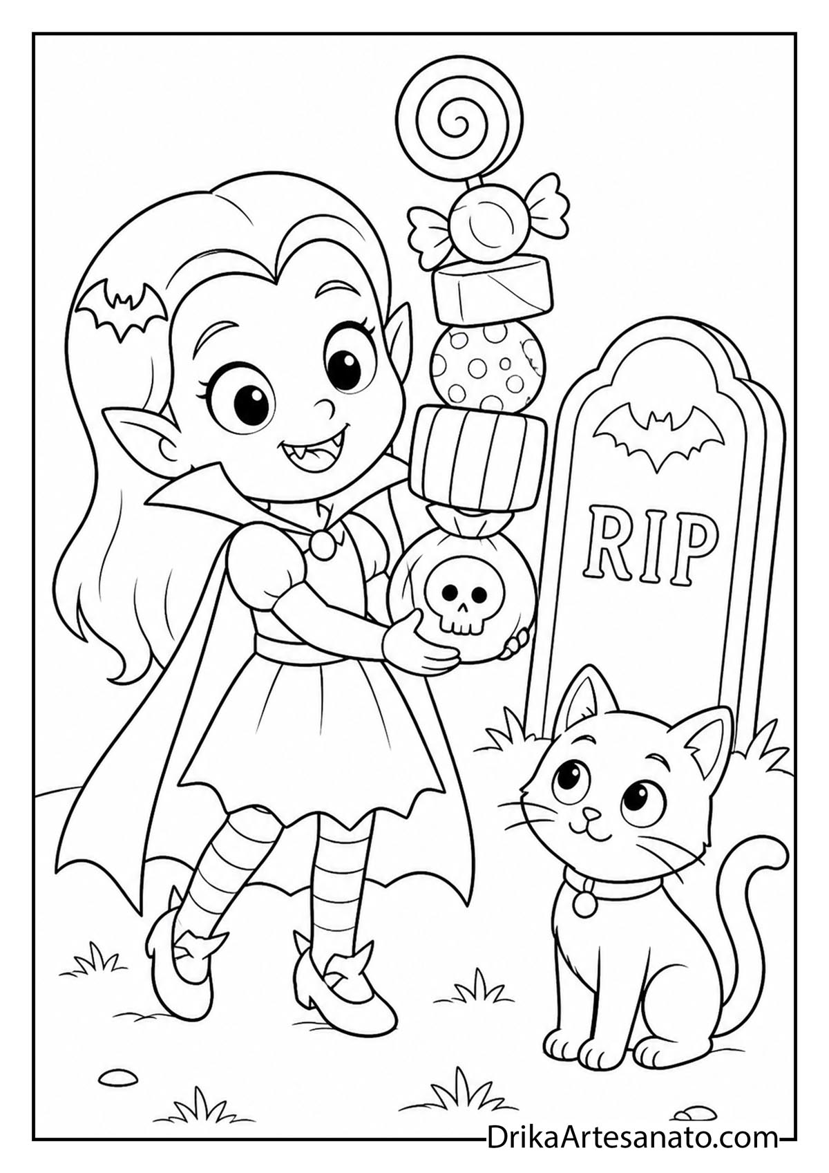 Cute cartoon vampire girl balancing a tall stack of Halloween sweets beside a friendly cat line art