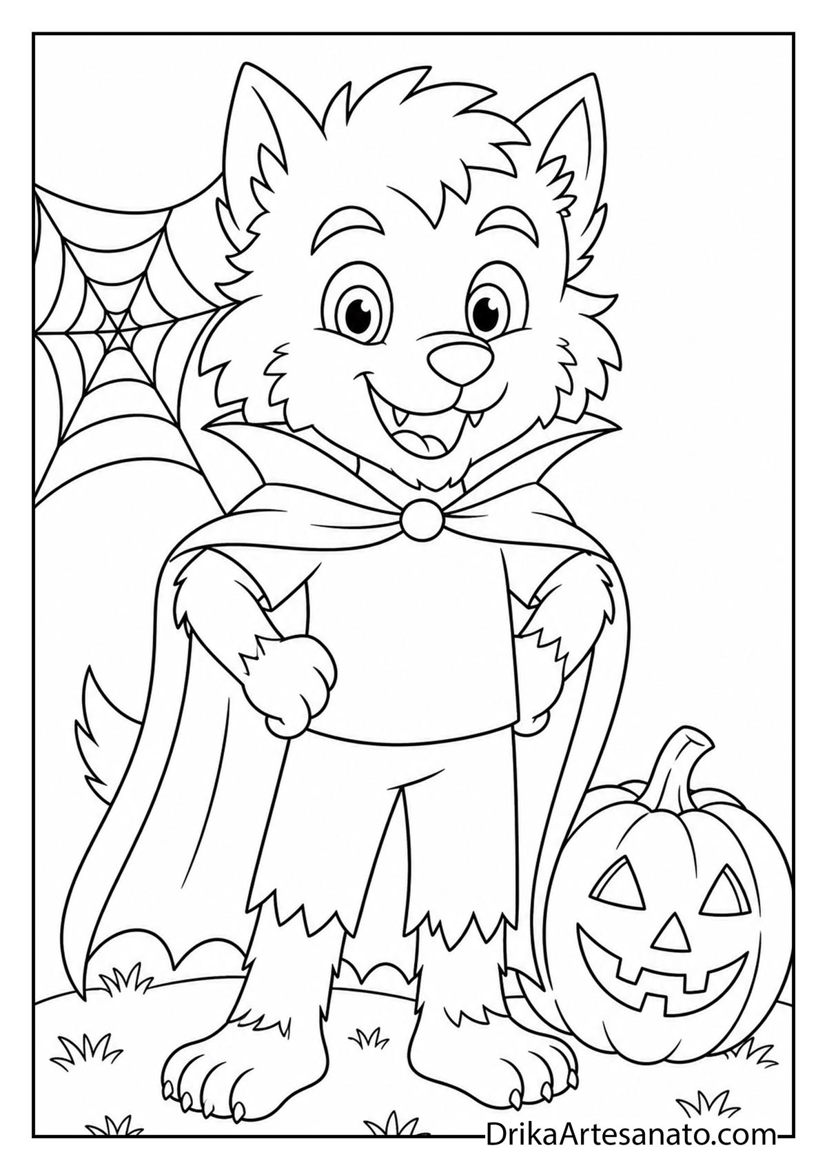 Werewolf pup wearing a vampire cape next to a spiderweb coloring sheet