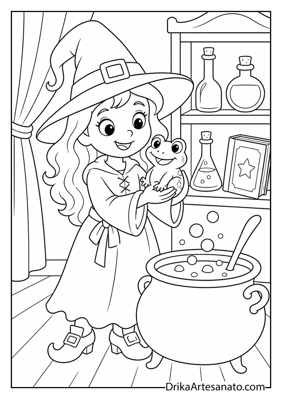 Cute young witch holding a smiling pet frog beside a cauldron coloring sheet