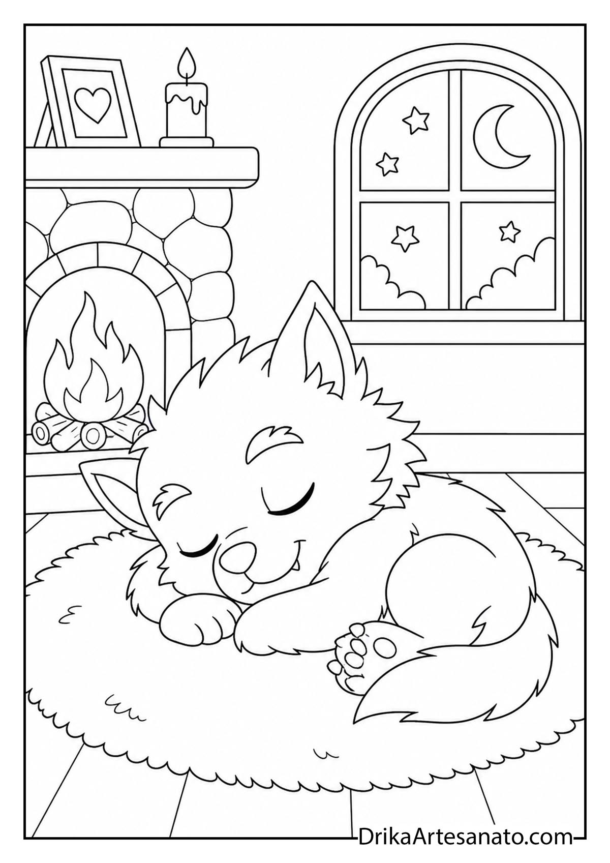 Sleeping werewolf pup curled on a rug by the fireplace coloring page