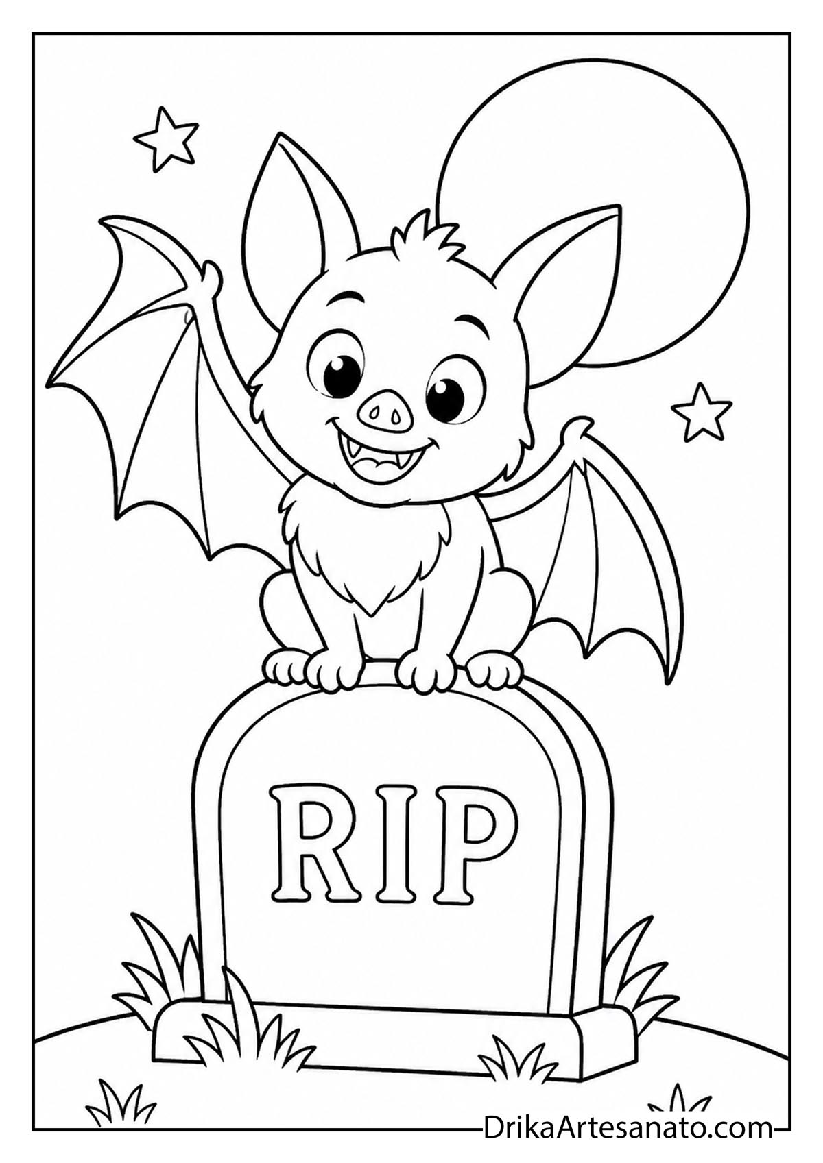 Friendly bat resting on a graveyard tombstone night coloring sheet
