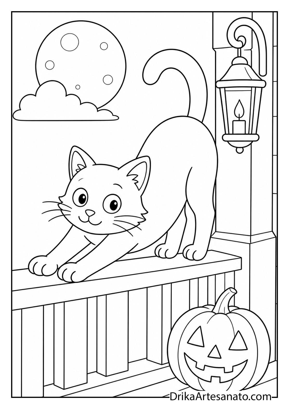 Cat stretching on a porch railing near a lit lantern and jack-o-lantern coloring page