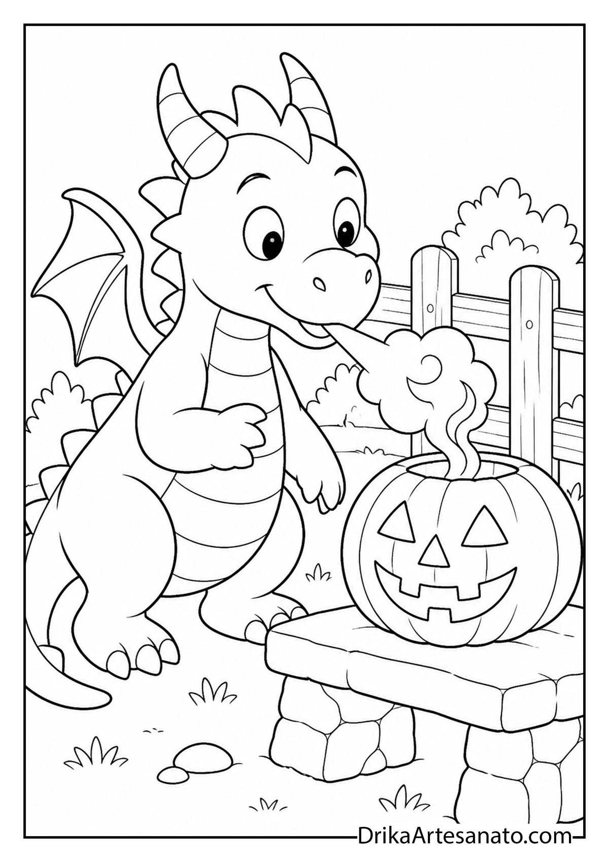Cute baby dragon breathing smoke onto a jack-o-lantern printable coloring sheet