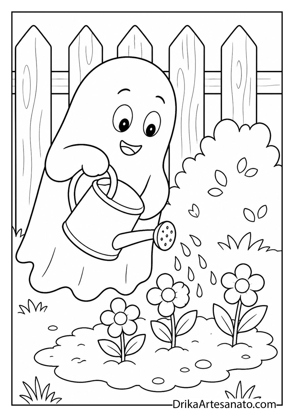 Friendly ghost watering garden flowers with a watering can coloring printable
