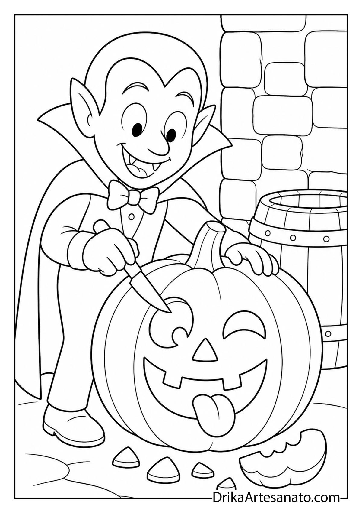 Cute cartoon vampire boy carving a silly pumpkin face with a knife outline coloring page