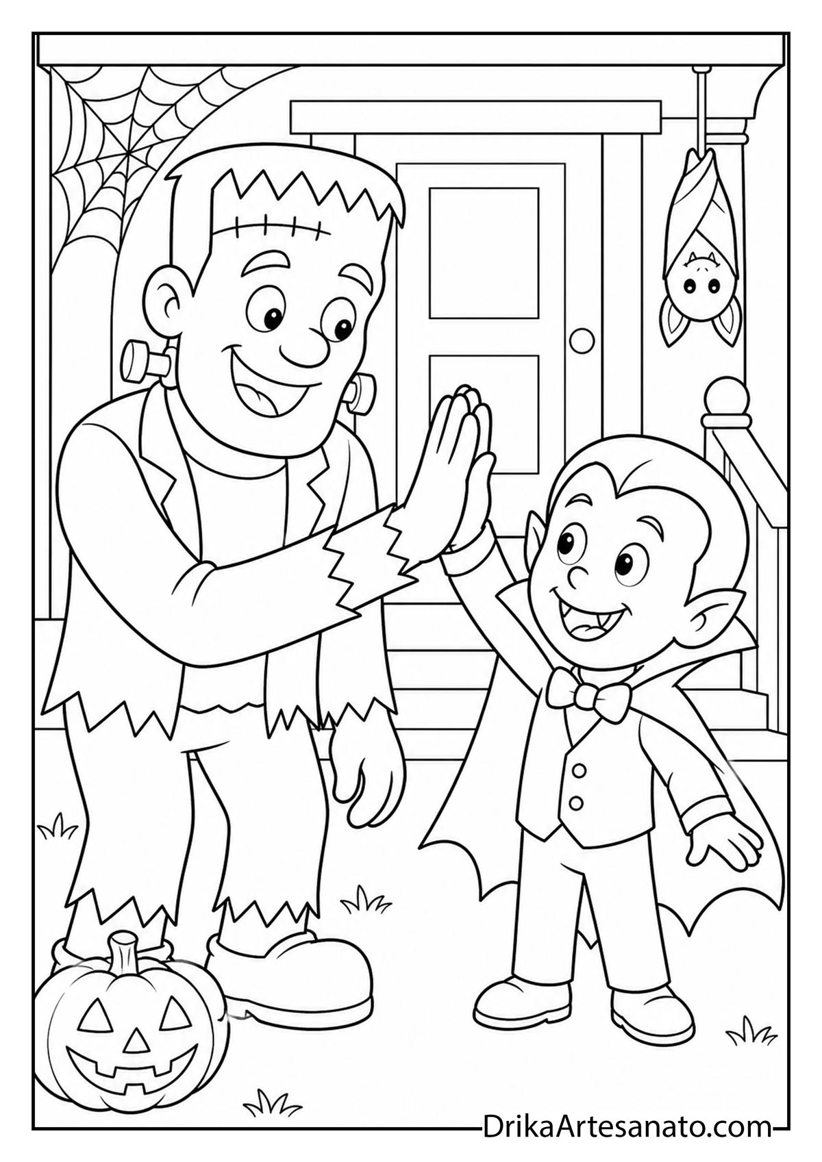 Frankenstein monster giving a high five to a cute vampire boy coloring page
