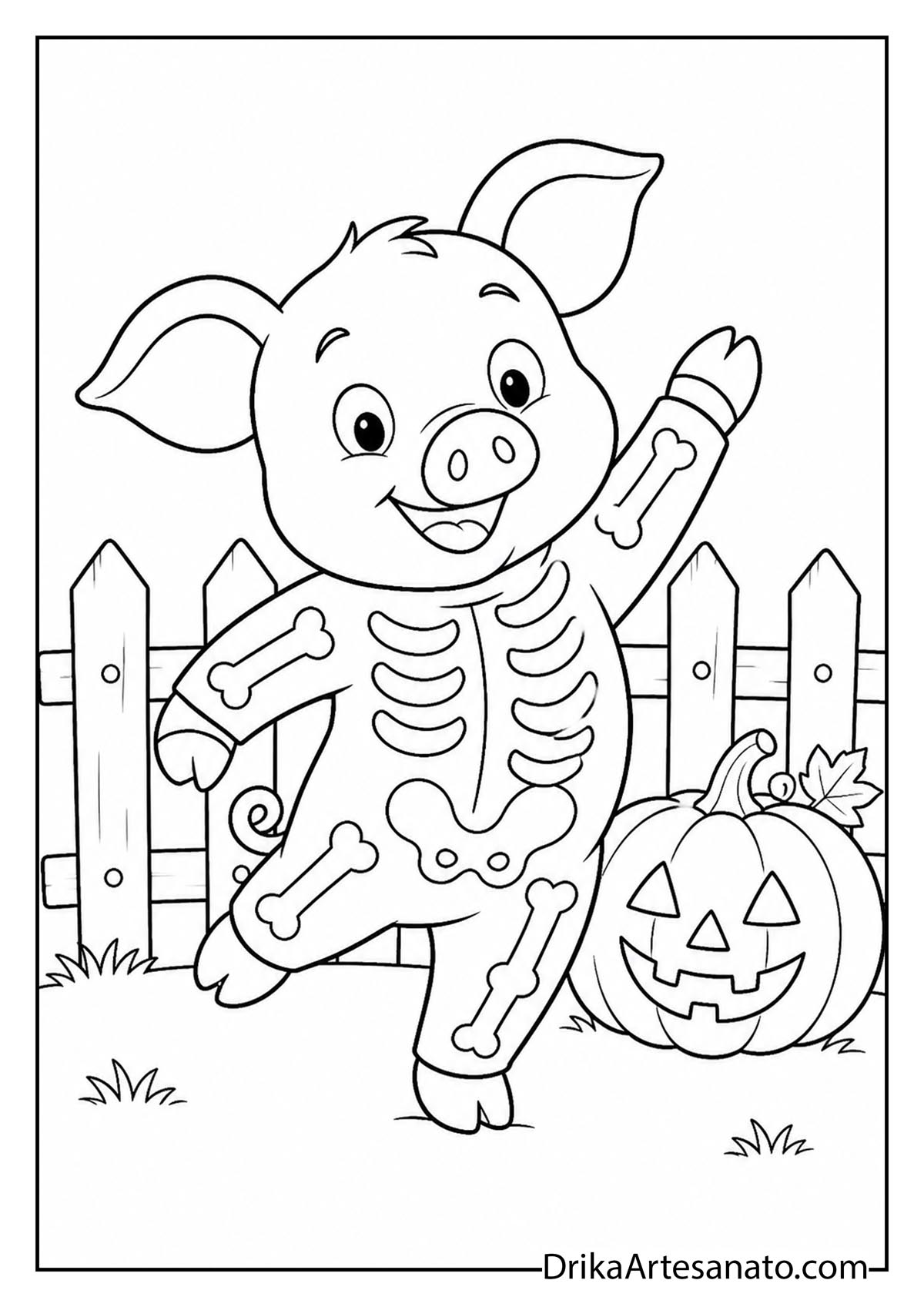 Cheerful piglet wearing a skeleton costume next to a pumpkin coloring sheet