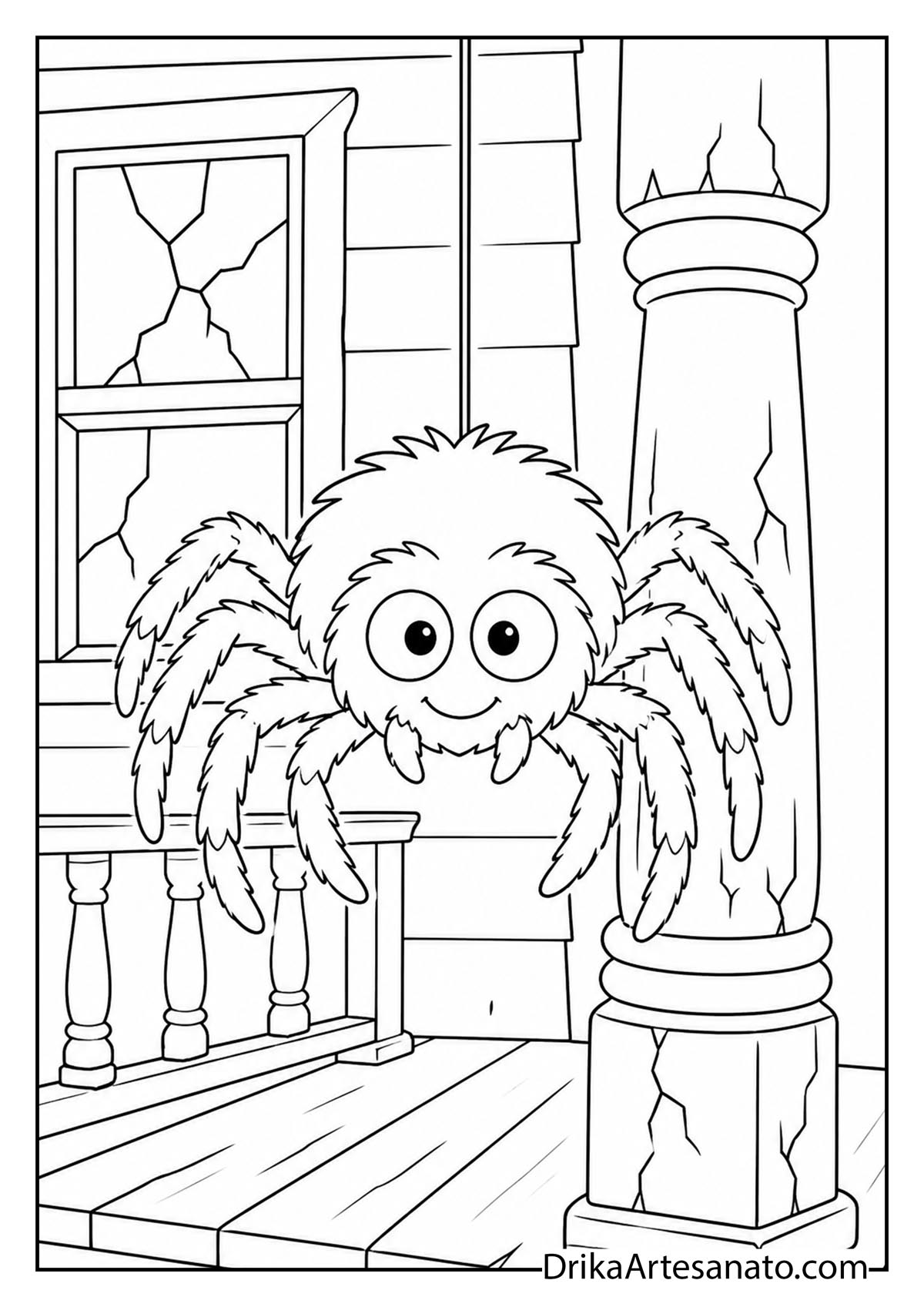 Cute fluffy spider hanging out on a haunted house porch column coloring sheet