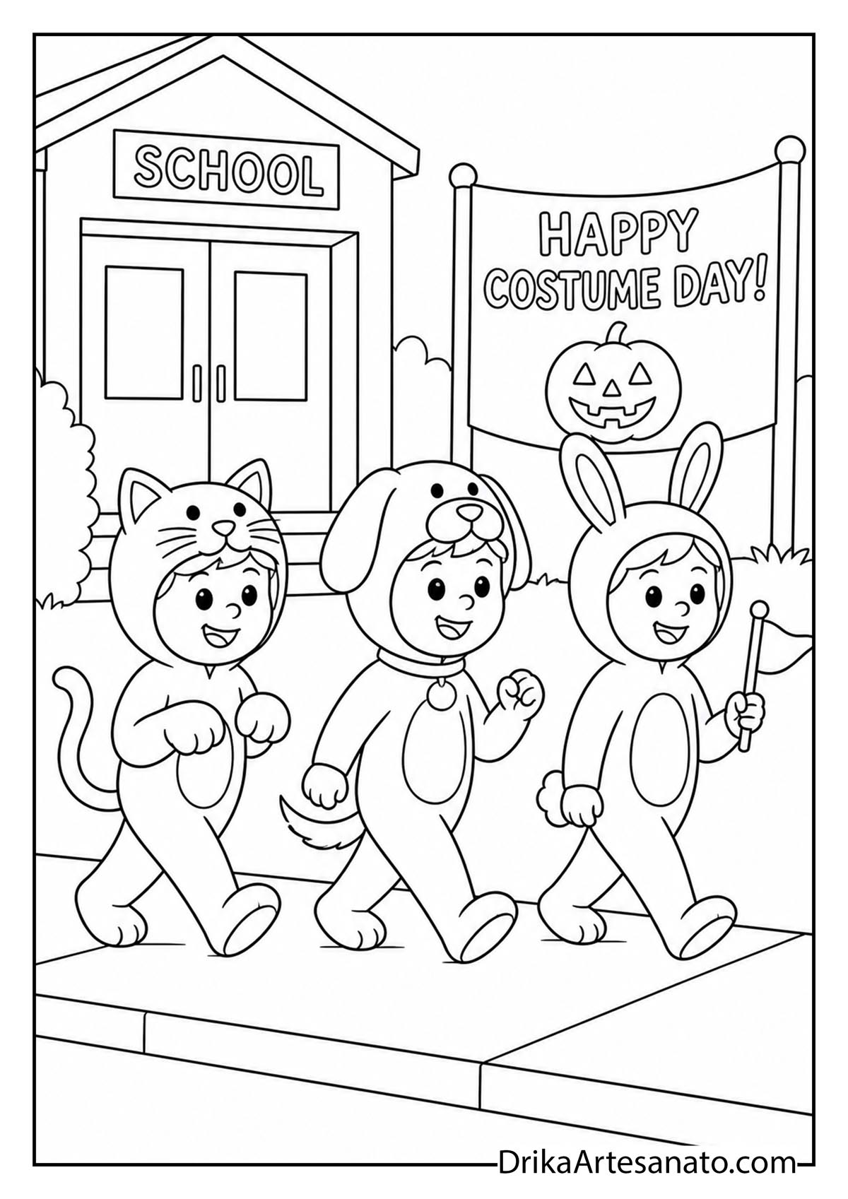 Kids parading in cat dog and bunny animal costumes outside school coloring sheet