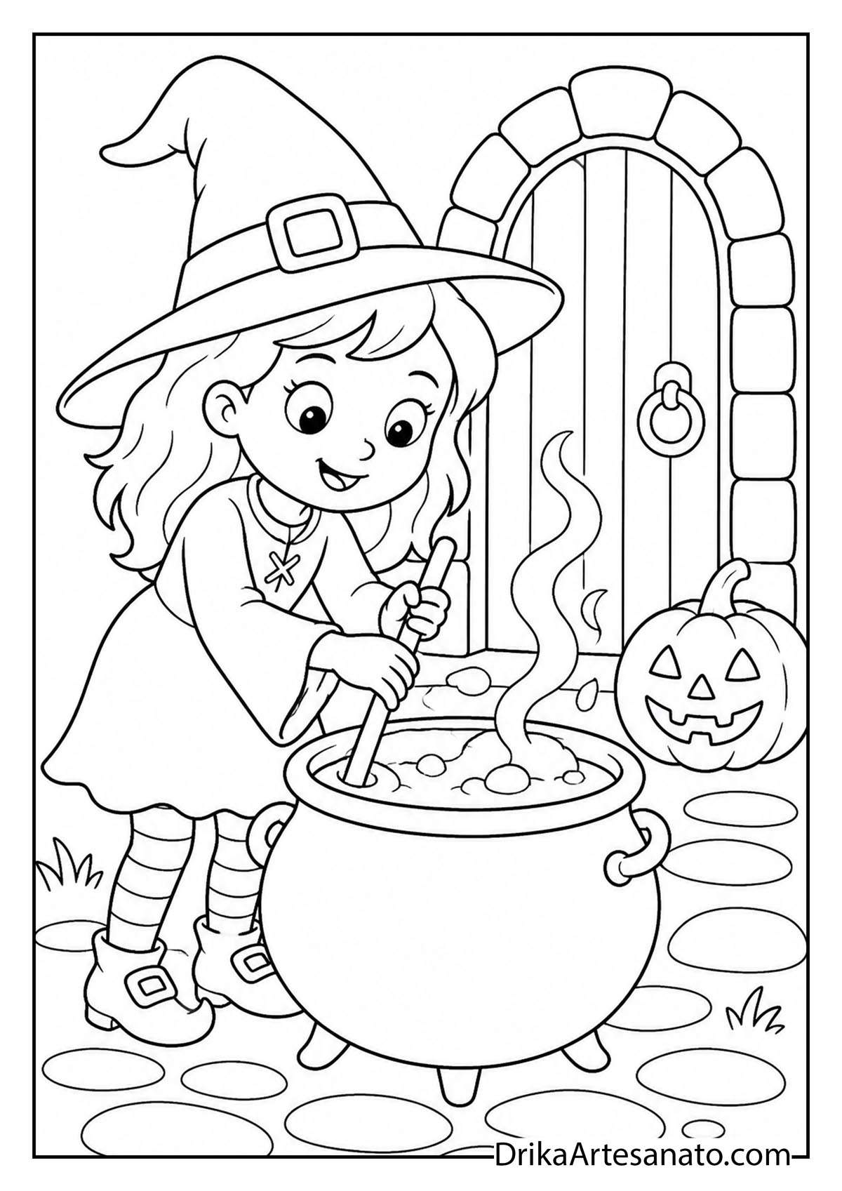 Cartoon witch stirring swirling steam in cauldron by a wooden door coloring page