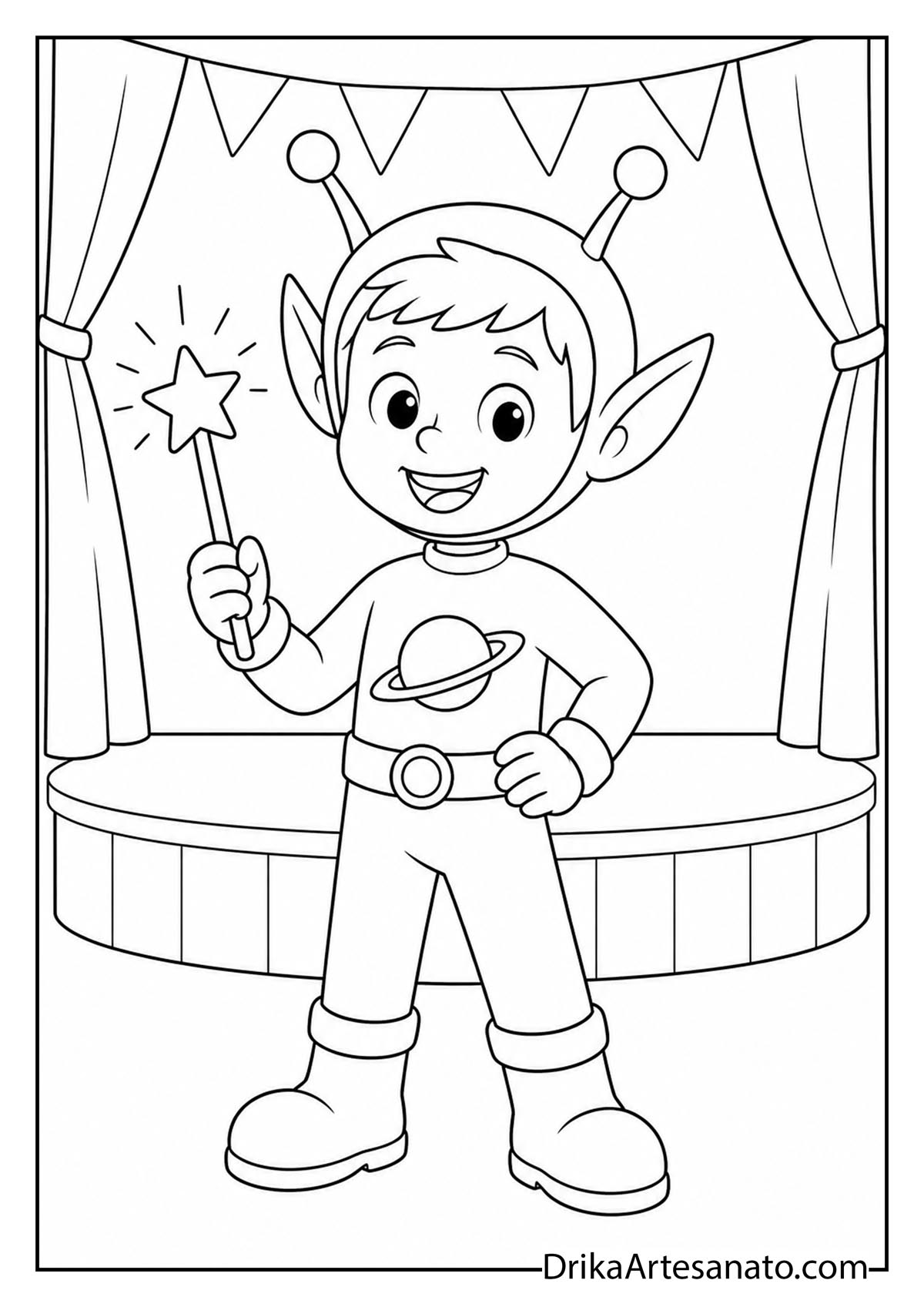 Boy in alien space costume holding star wand on stage coloring printable