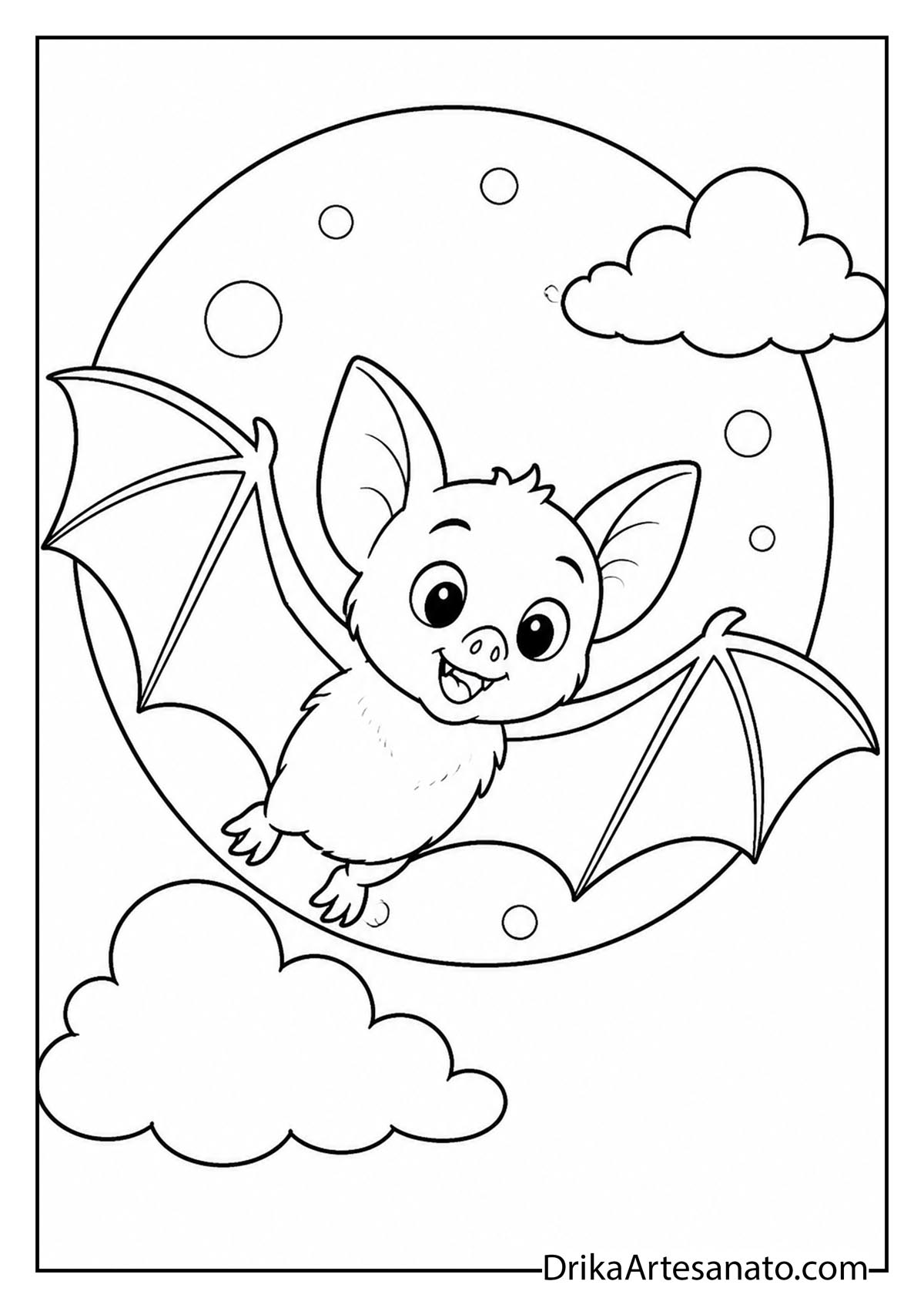Cute cartoon bat gliding across a glowing full moon coloring page