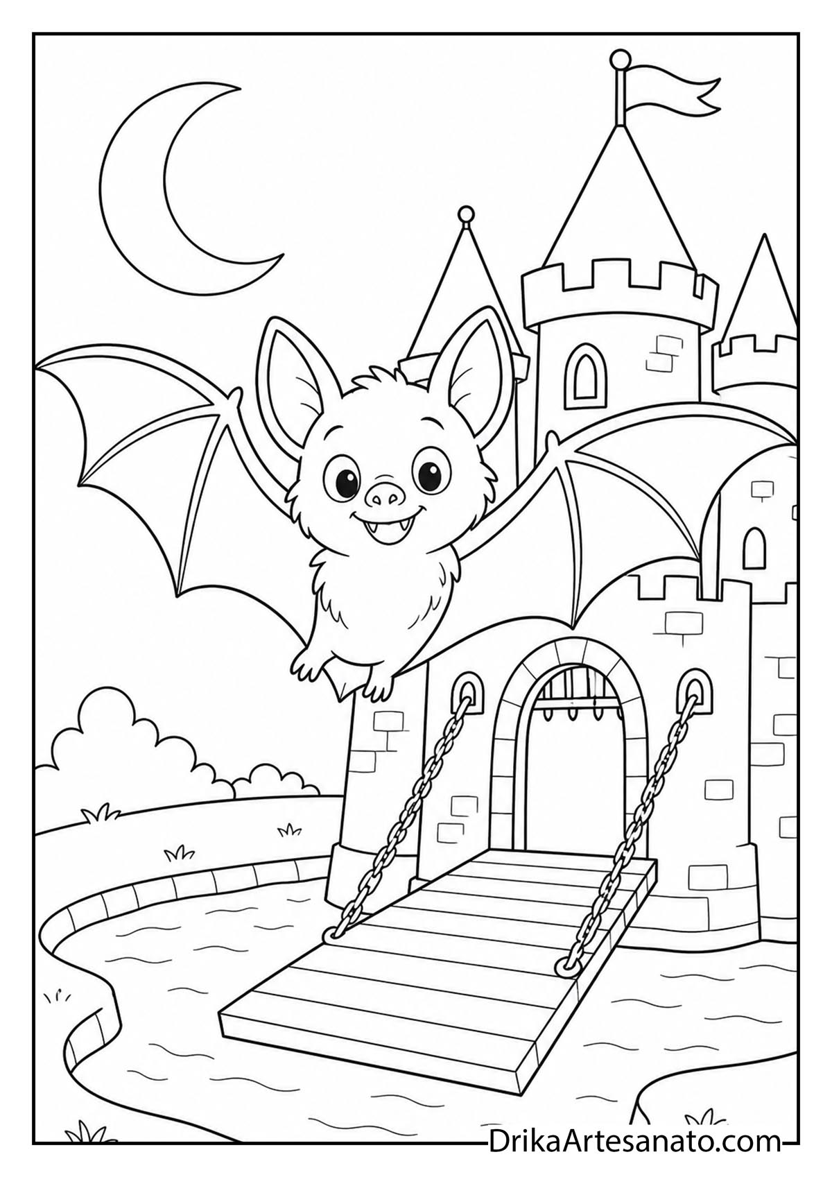 Cute cartoon bat flying over a castle drawbridge and moat coloring page