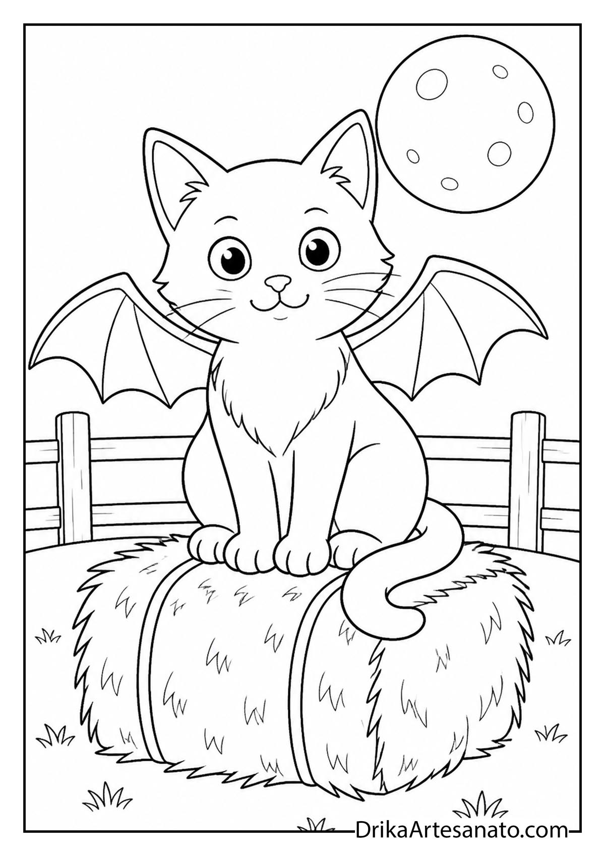 Cute cat with bat wings sitting on a hay bale under the moon line art coloring sheet