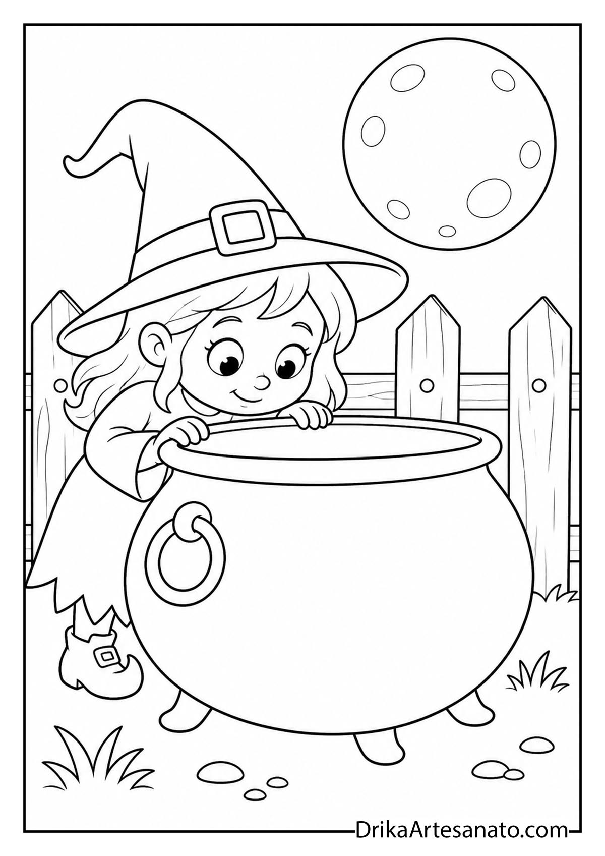 Curious little witch peeking inside a large cauldron outdoors to color