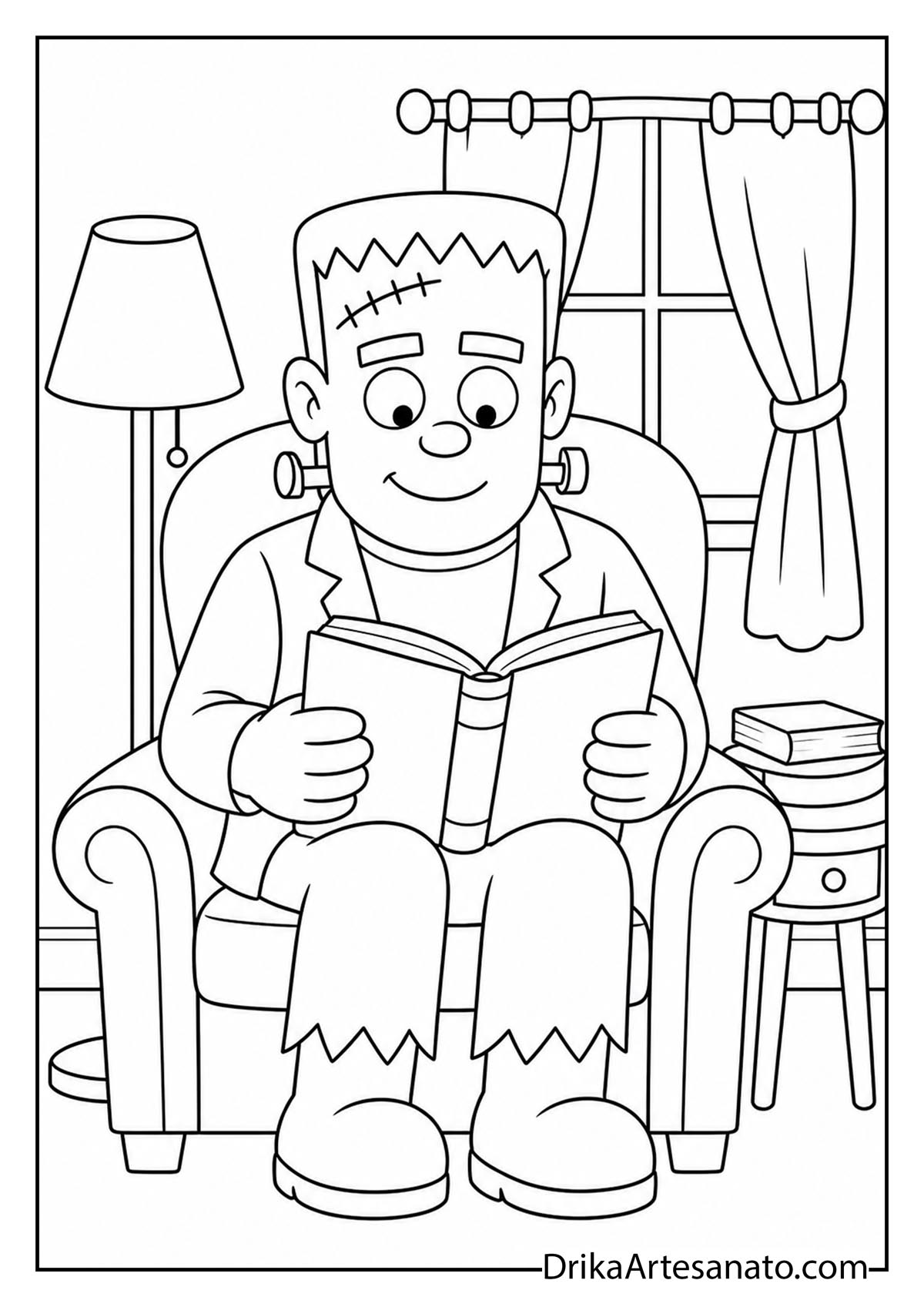 Frankenstein monster sitting in an armchair reading a book coloring page
