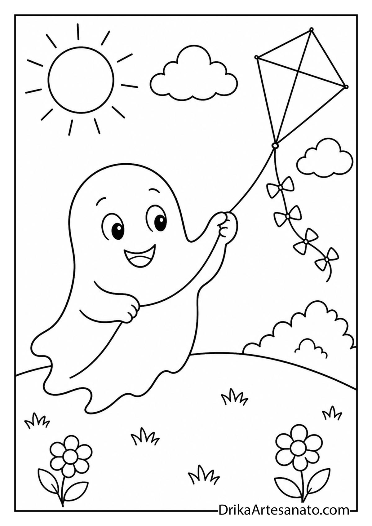 Happy ghost flying a diamond kite on a sunny grassy hill line art coloring page