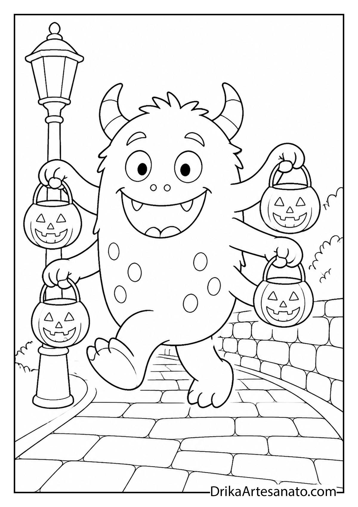 Friendly multi-armed monster carrying pumpkin candy buckets line art coloring page