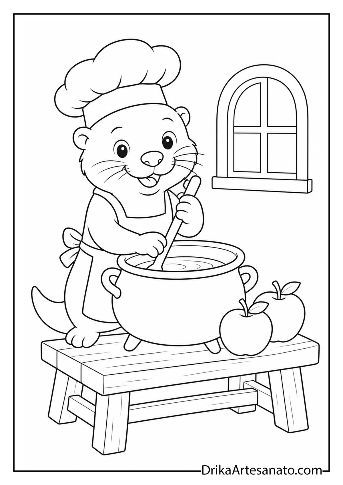 Cute otter dressed as a chef stirring a potion cauldron coloring page