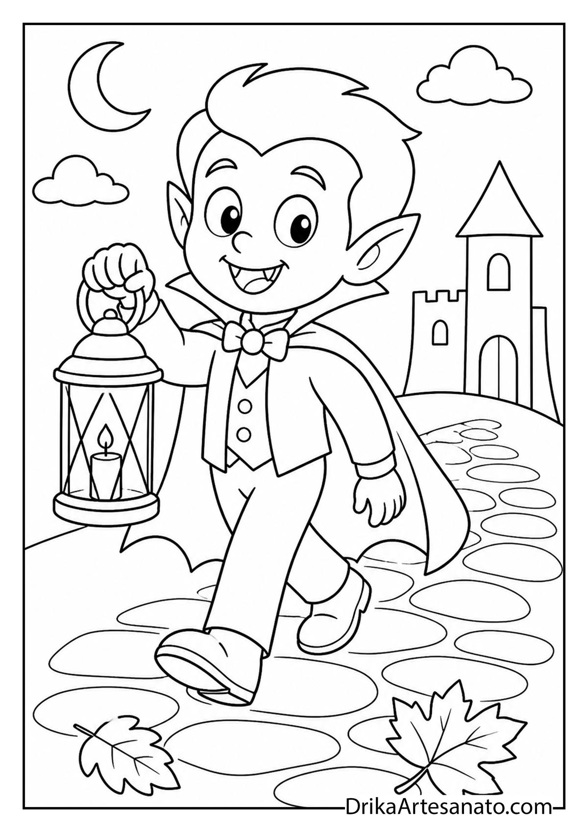 Cute cartoon vampire boy carrying a glowing lantern along a cobblestone path coloring page