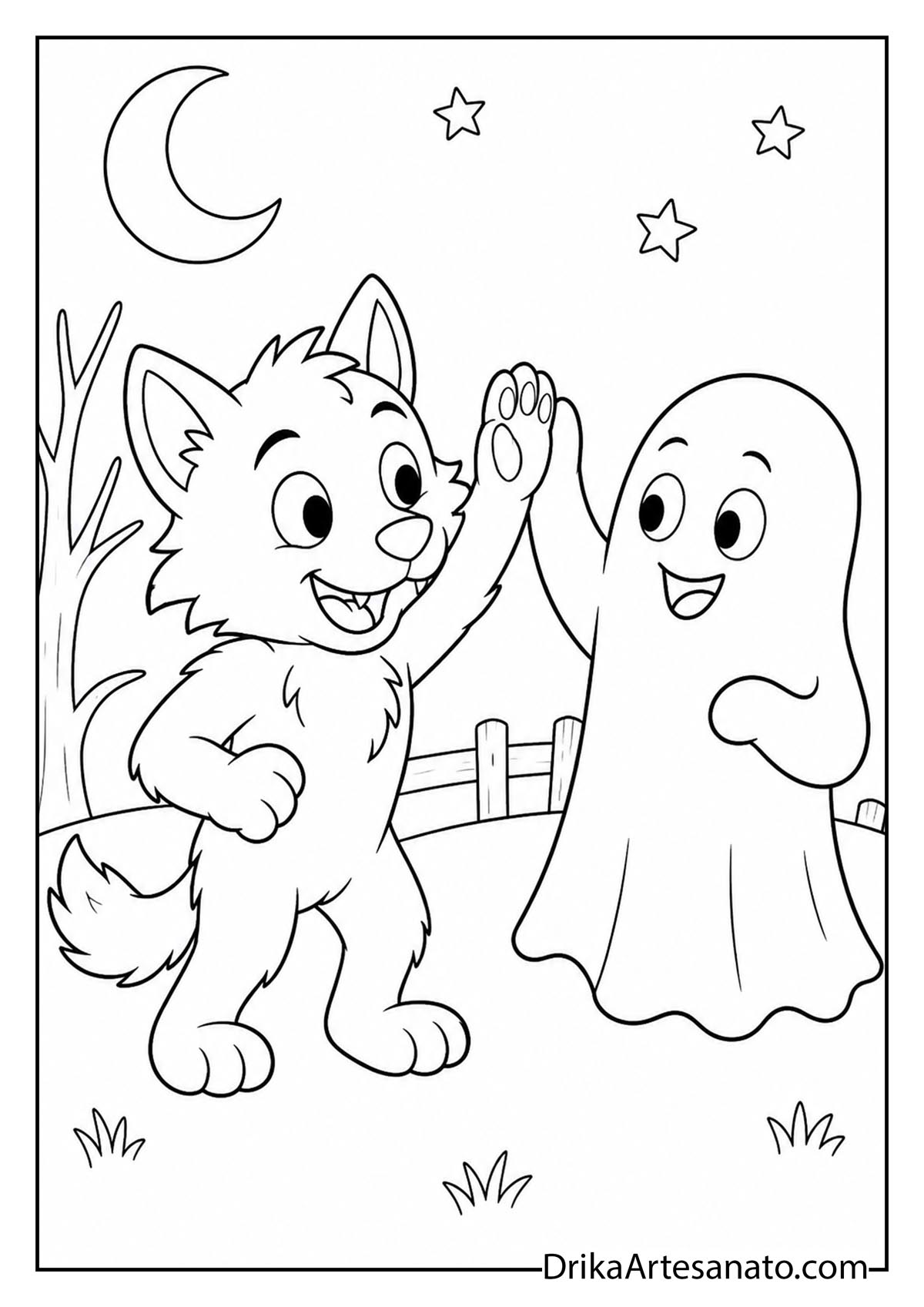 Werewolf pup giving a high five to a friendly ghost coloring page