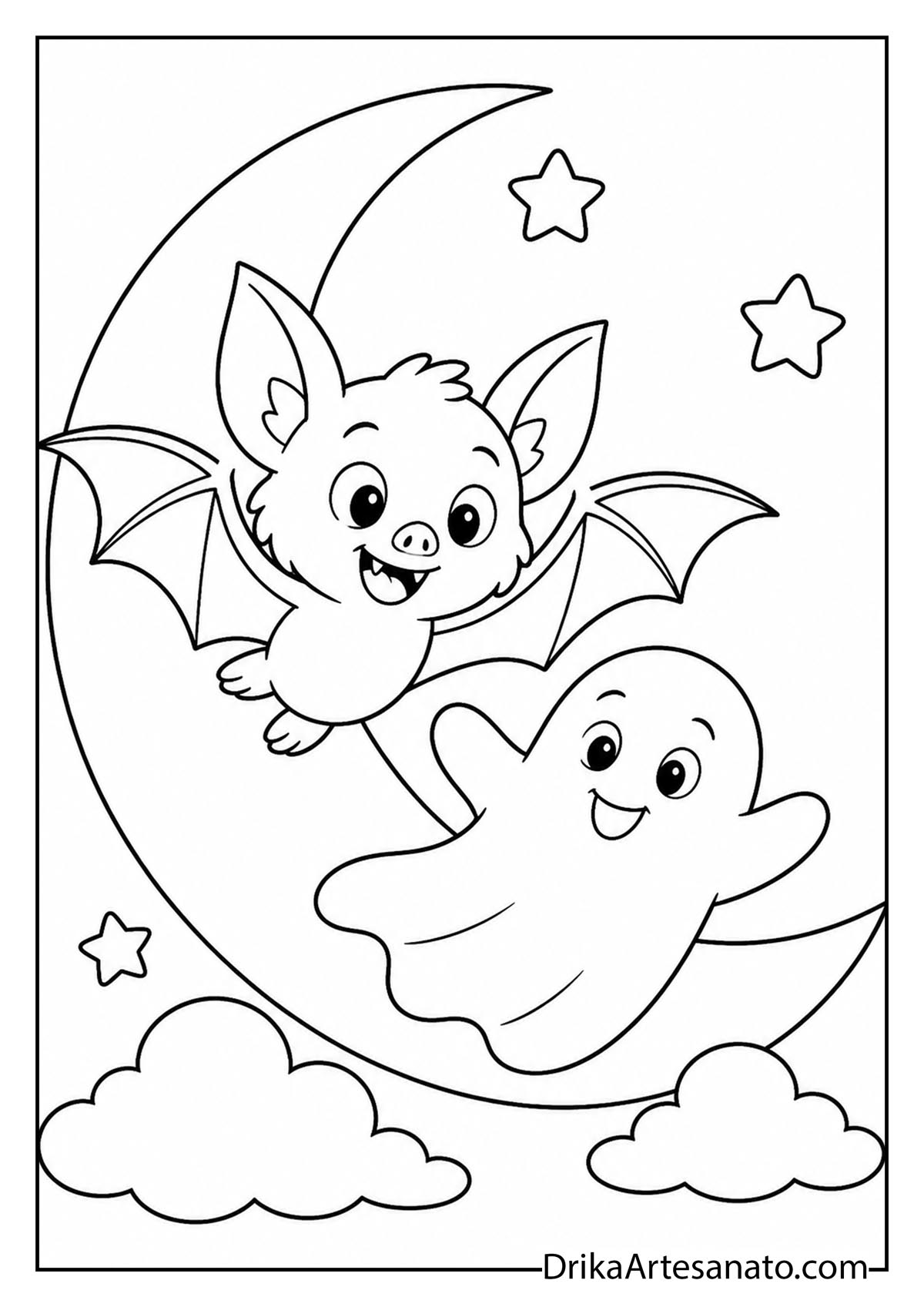 Friendly bat flying beside a smiling cartoon ghost coloring sheet