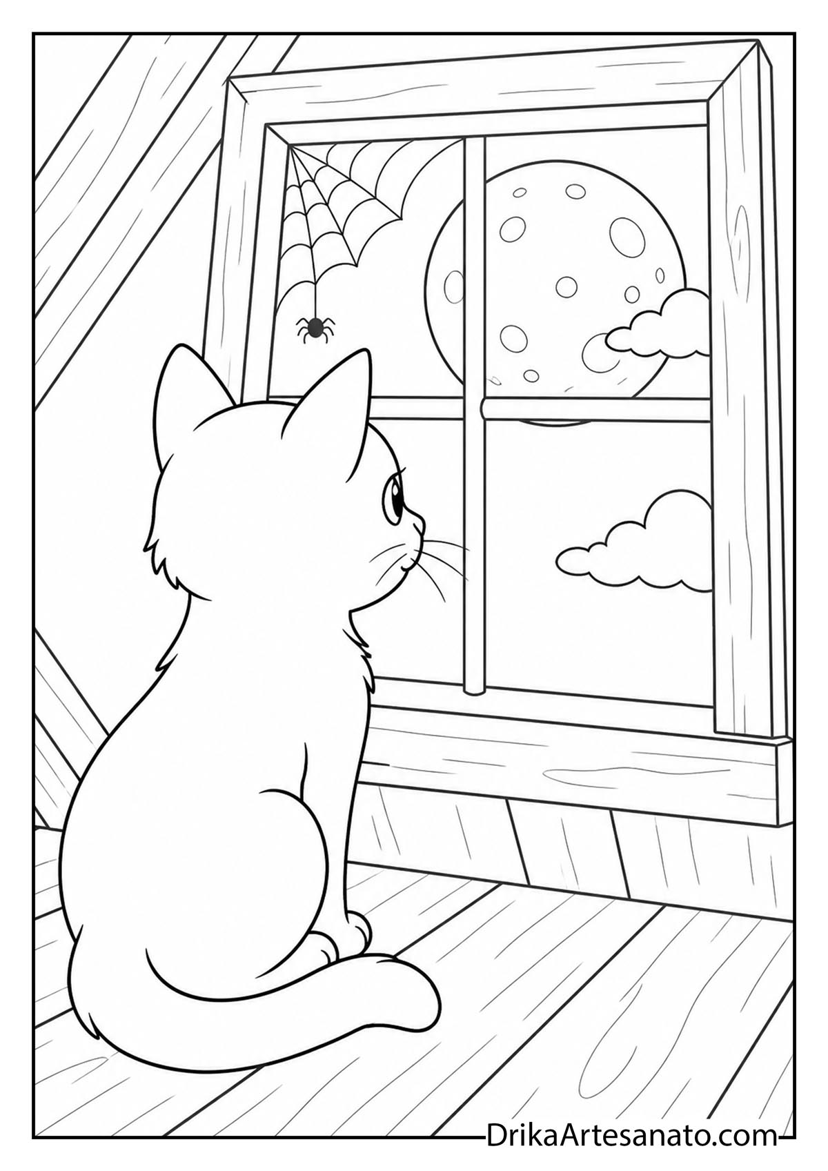 Cat sitting indoors looking out a window at the moon with a spiderweb coloring page