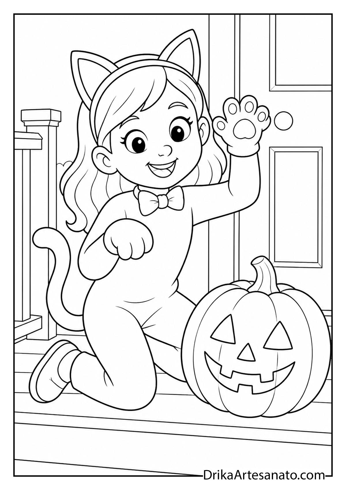 Girl in cat costume posing with paw raised beside pumpkin coloring sheet