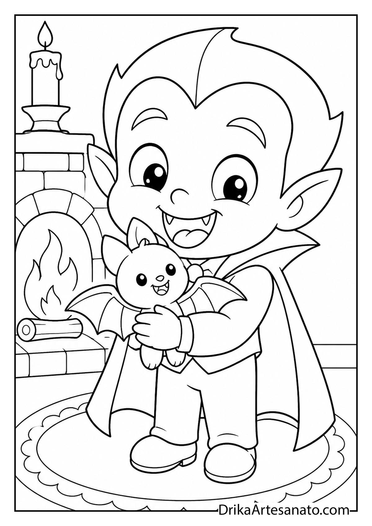 Cute cartoon baby vampire hugging a sweet pet bat by a warm fireplace line art coloring sheet