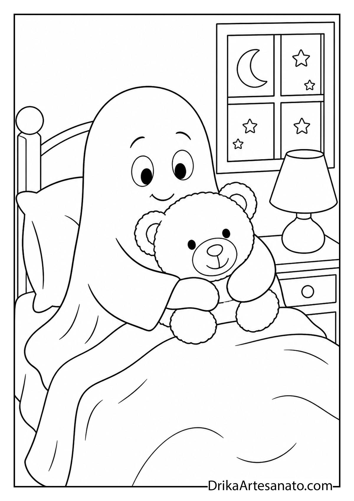 Sleepy cartoon ghost in bed hugging a stuffed teddy bear coloring printable