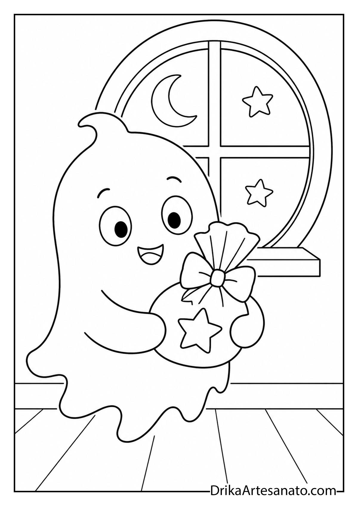 Cute cartoon ghost holding a Halloween treat bag indoors printable coloring page