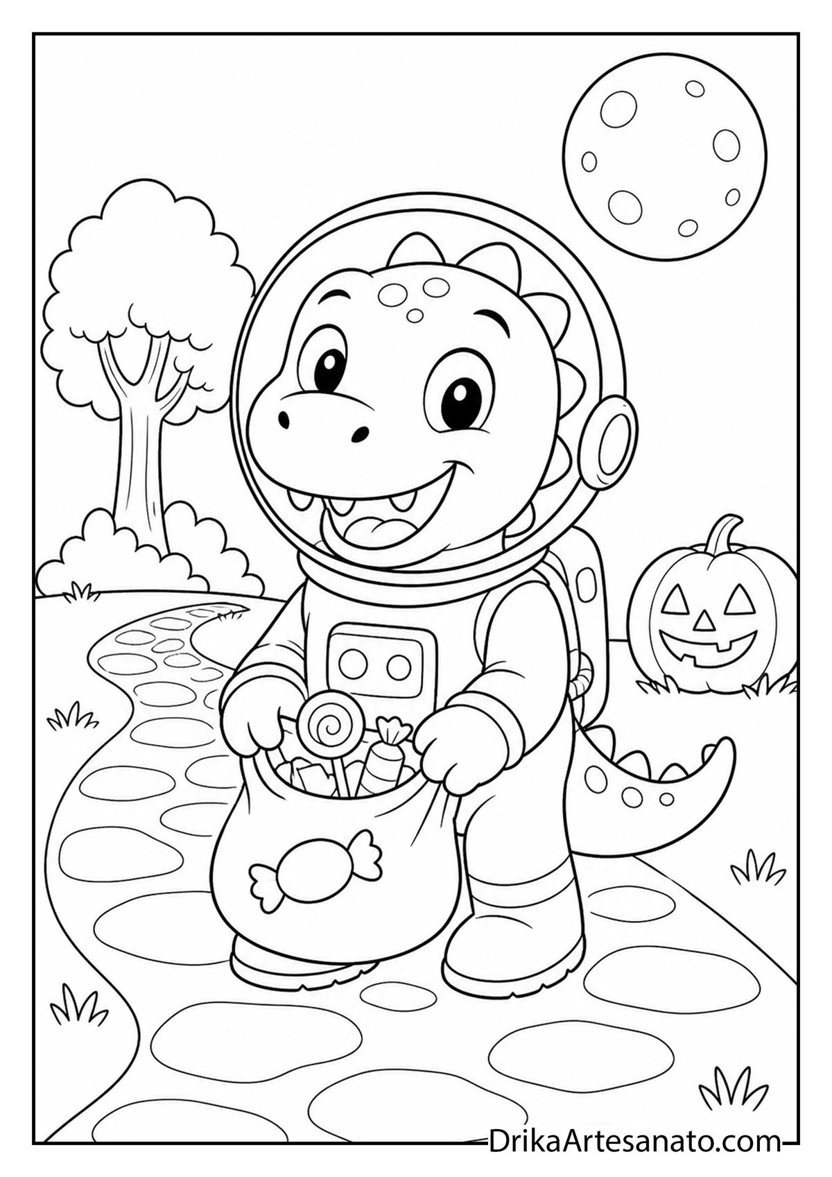Cute baby dinosaur wearing an astronaut space helmet printable coloring sheet