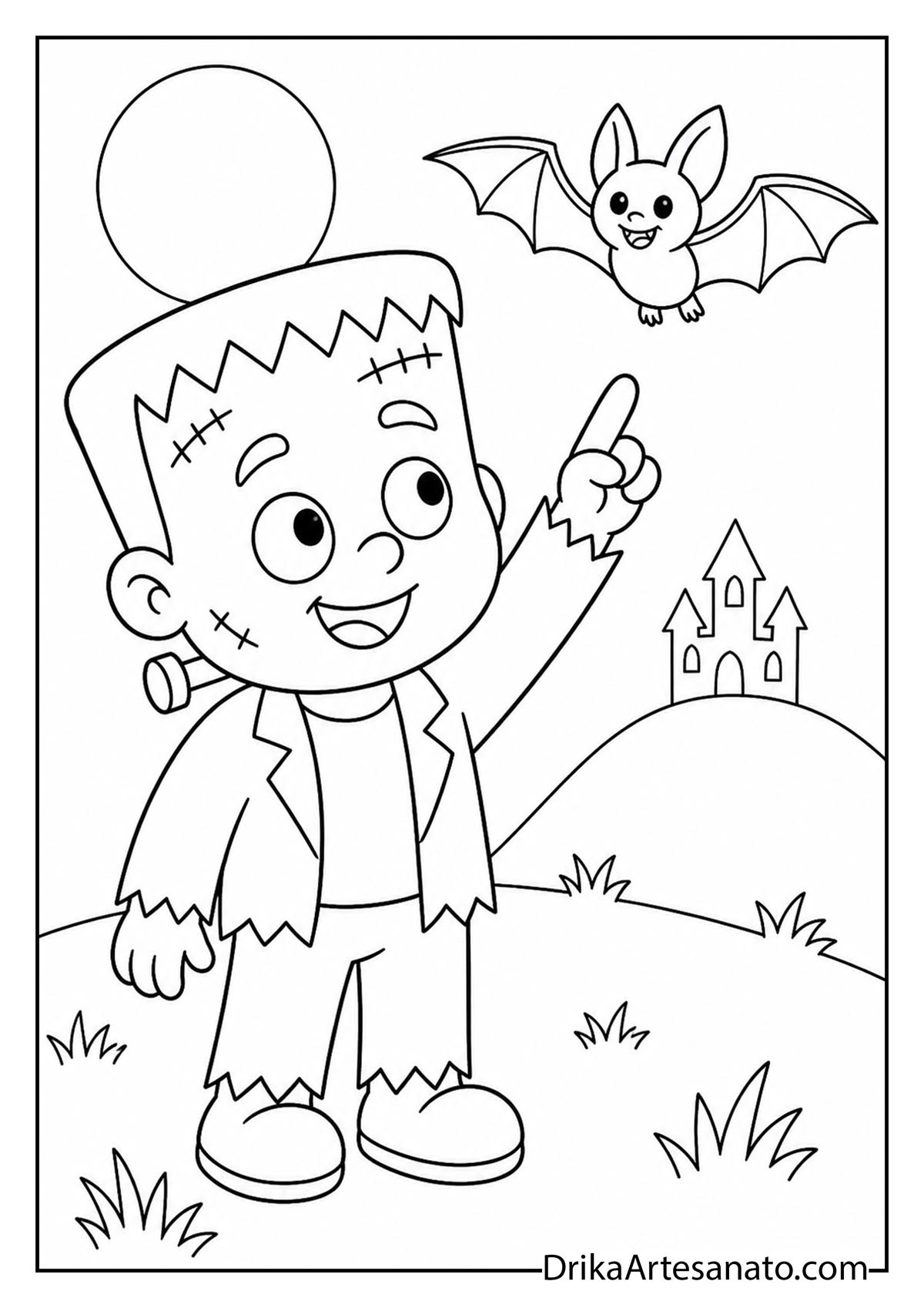 Cute young Frankenstein pointing at a flying bat line art coloring page