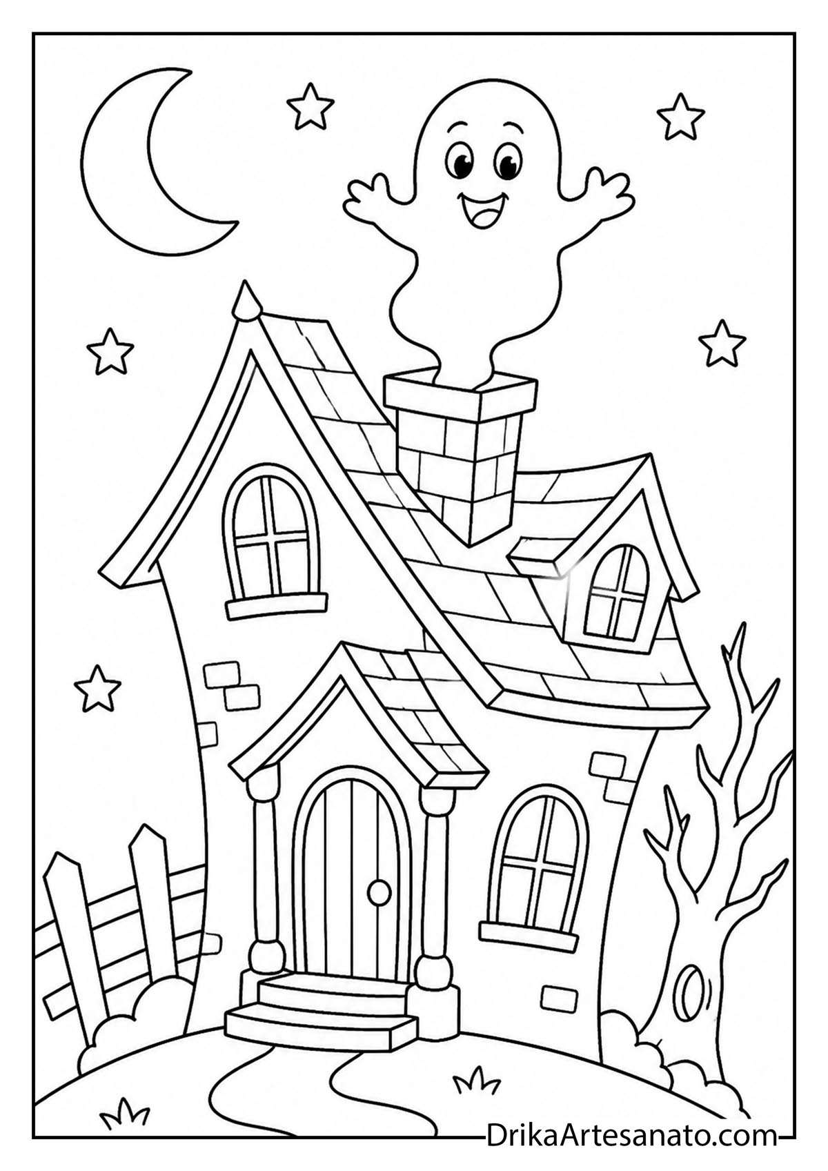 Friendly ghost coming out of a haunted house chimney at night coloring page