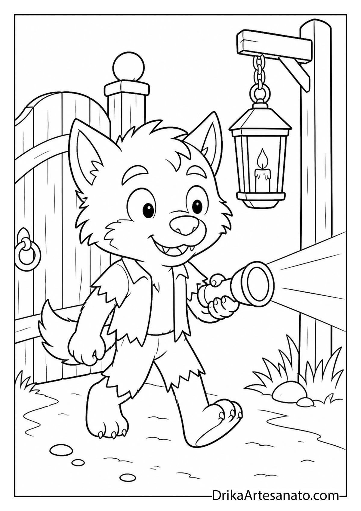 Werewolf pup holding a flashlight by a wooden fence gate coloring sheet