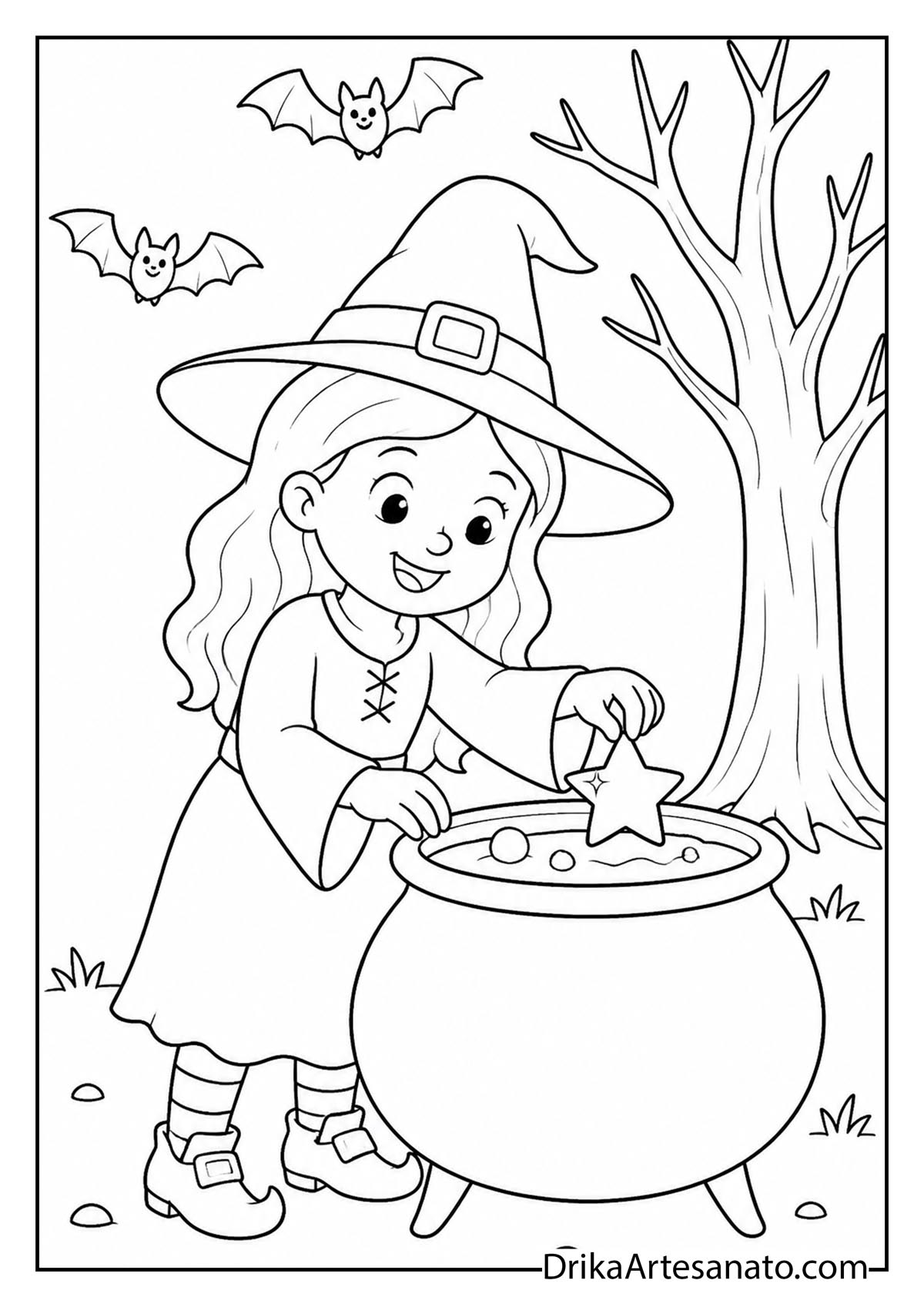 Witch putting a star into a cauldron with bats flying overhead coloring page