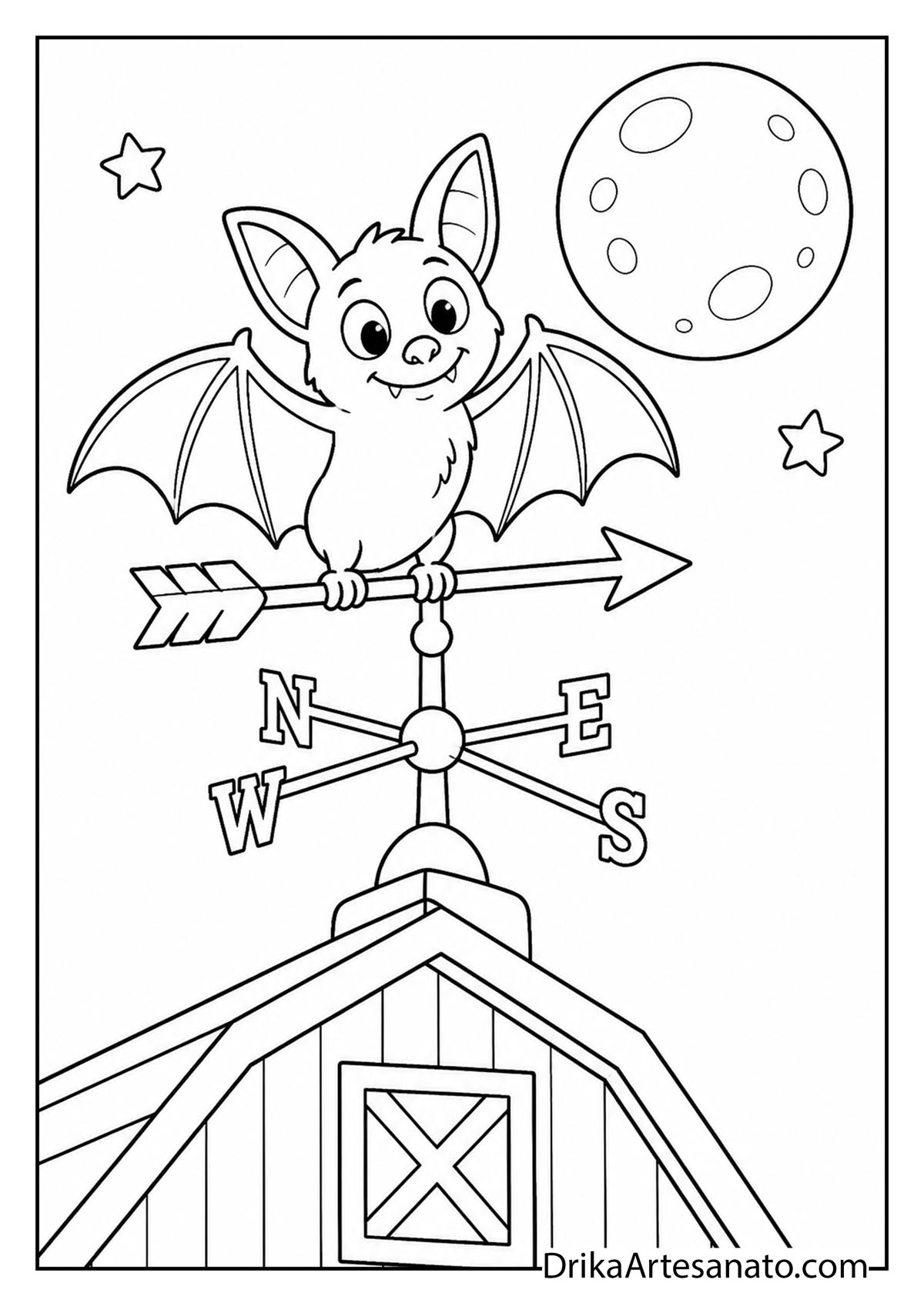 Cute bat standing on a rooftop weather vane arrow coloring page