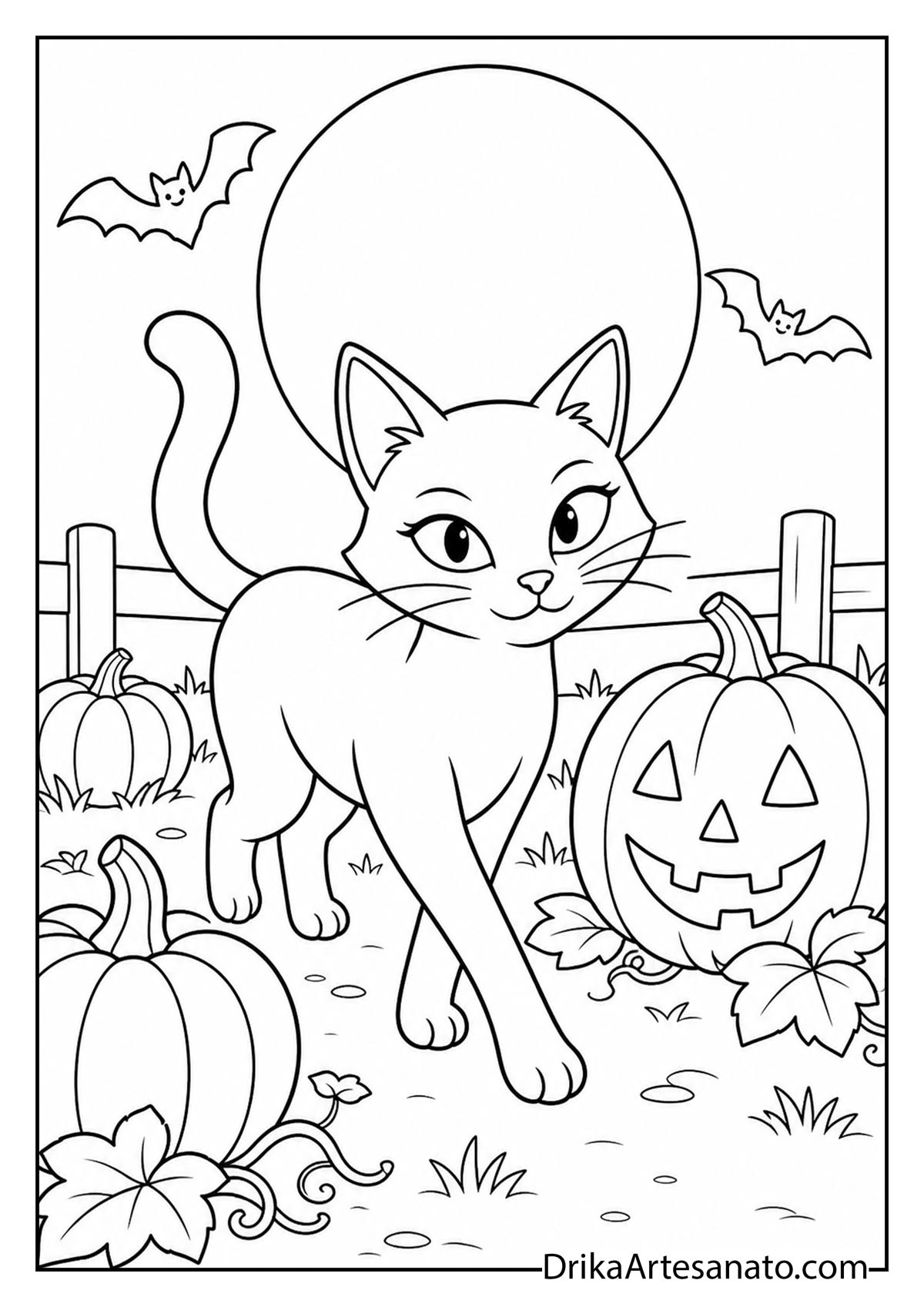 Cat walking through a pumpkin patch with jack-o-lanterns and bats coloring printable