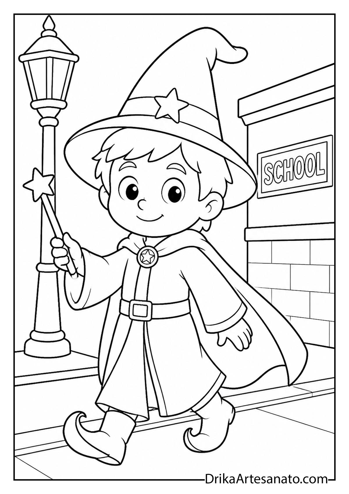 Boy wizard in pointed star hat holding magic wand coloring page