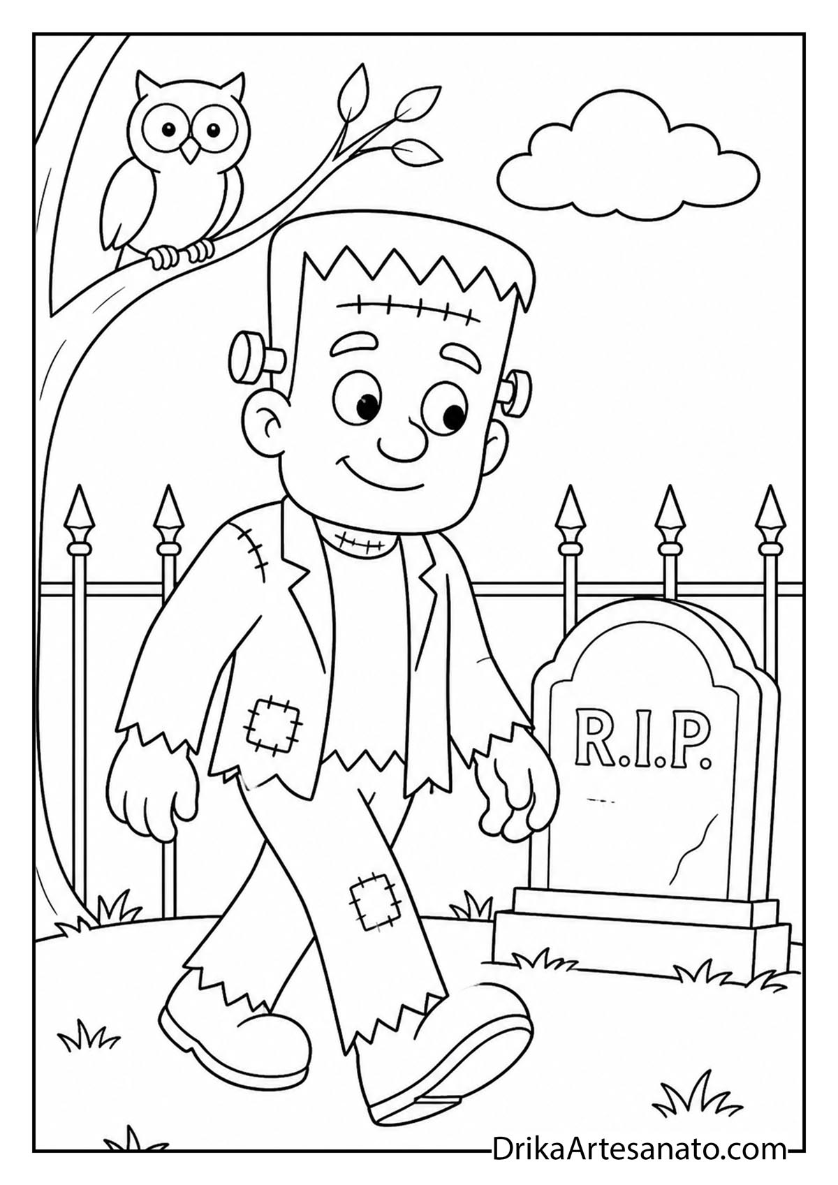 Cartoon Frankenstein walking past a gravestone with an owl coloring printable