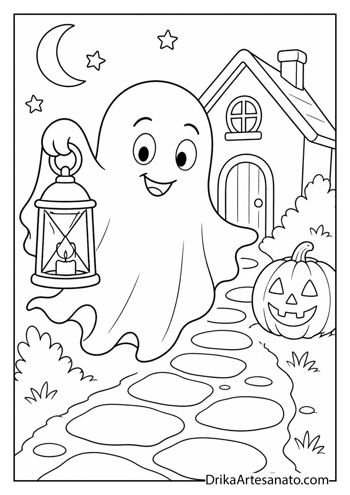 Cute ghost carrying a lantern along a stone garden path on Halloween coloring sheet