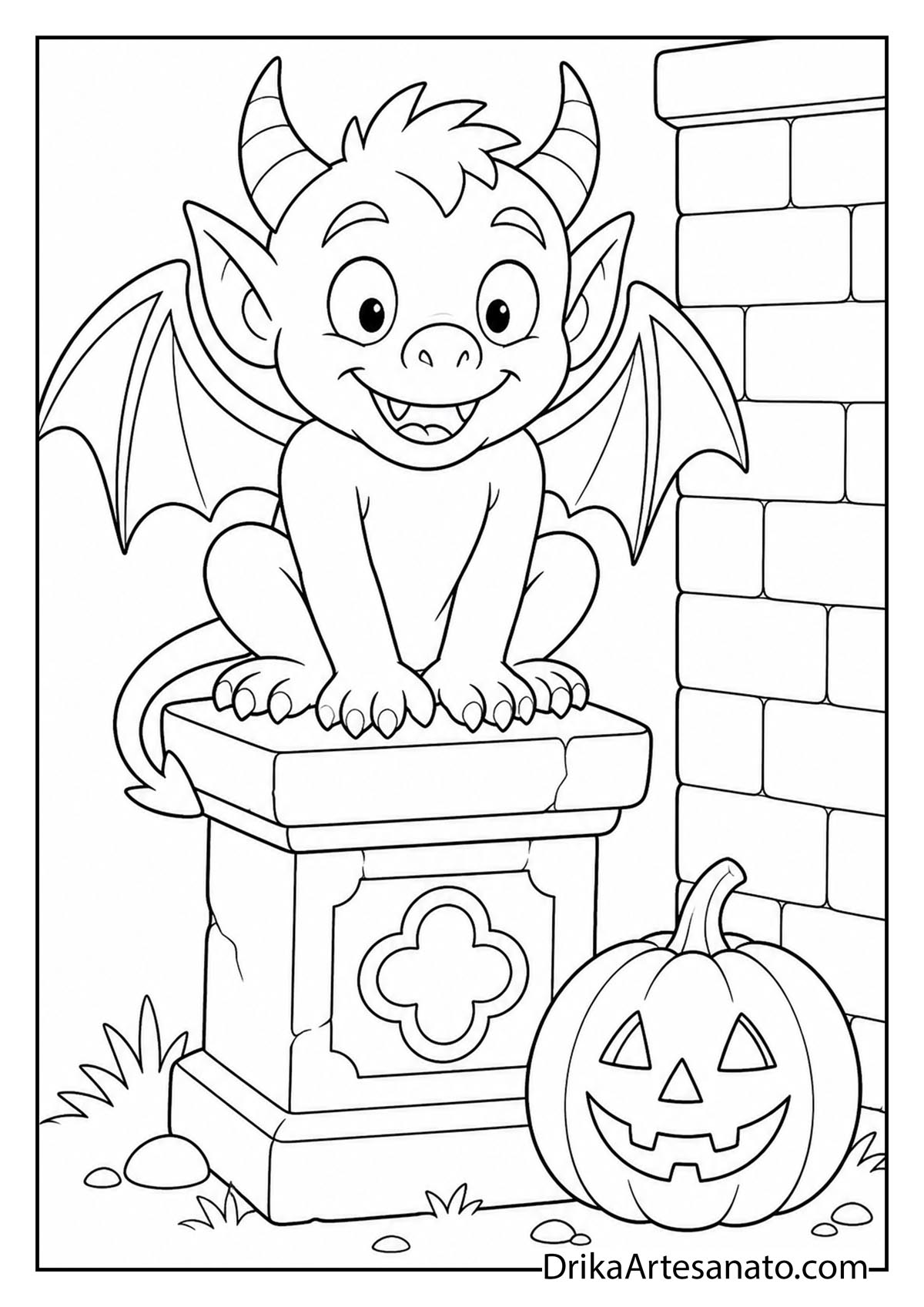 Cute baby gargoyle sitting on a stone pillar next to a pumpkin coloring sheet
